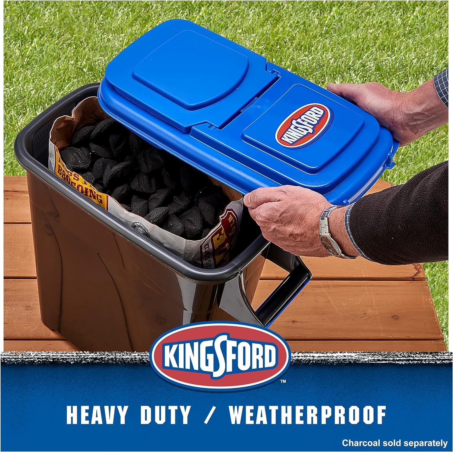 Kingsfords 8 Gallon Charcoal Dispenser, Black with Blue Lid, Heavy Duty Grip Handle Holds up to 24 lbs & Match Light Instant Charcoal Briquettes, 12 lb