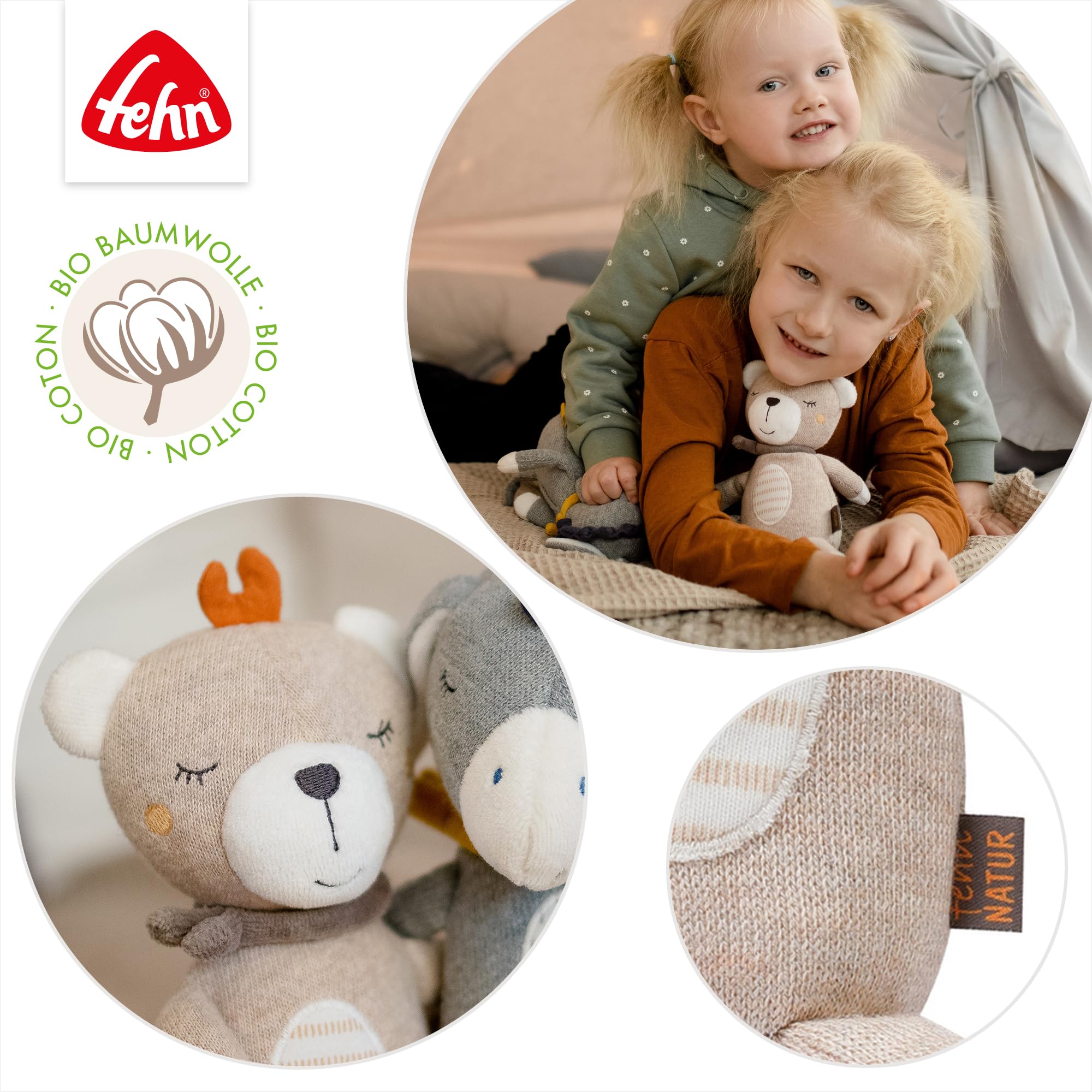 Fehn FehnNATUR - Peluche douce pour nouveau-né comme aide au sommeil - Peluche pour bébé à saisir, sentir et câliner - Peluche en coton biologique (kba) pour bébés et enfants