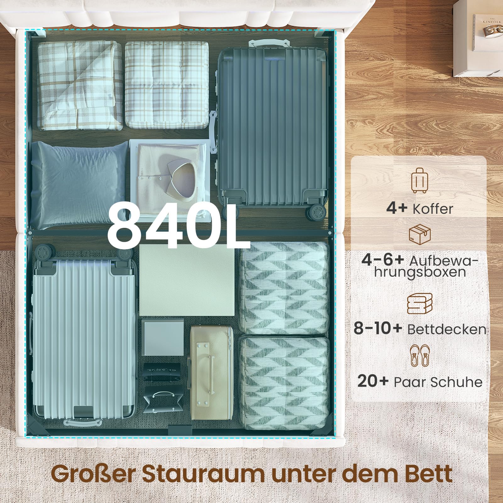 AOGLLATI Polsterbett 140×200 mit Stauraum Jugendbett 140×200 mit Steckdosen und LED-Beleuchtung, 30cm Hydraulischer Stauraum, Bettgestell mit Lattenrost aus Holz, Edler Samtstoff (Beige,140x200cm)