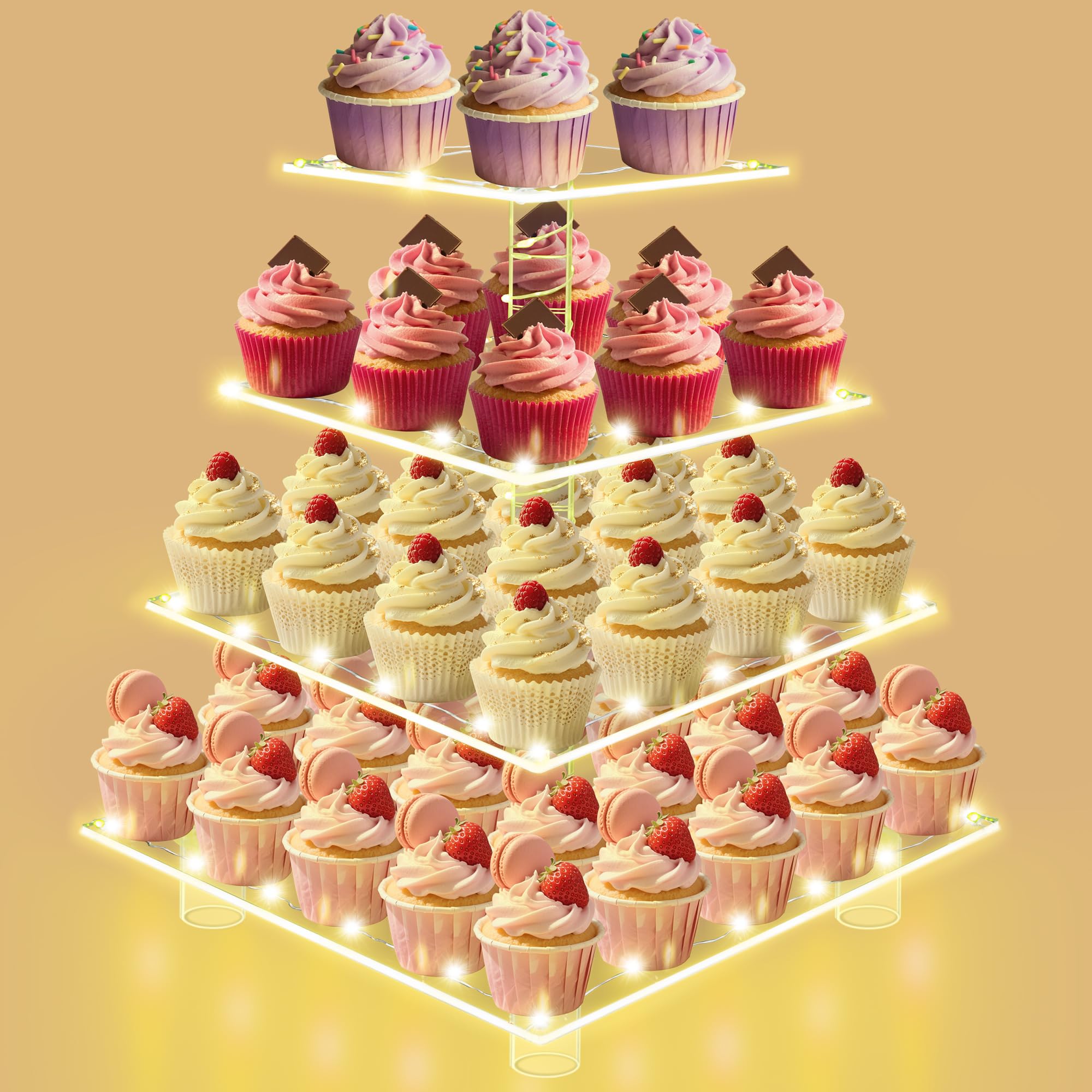 Cupcake Stand with Lights, 4 Tier Acrylic Cupcake Tower with Yellow LED String Lights, Clear Cupcake Display Stand for Wedding,Baby Shower, Birthday