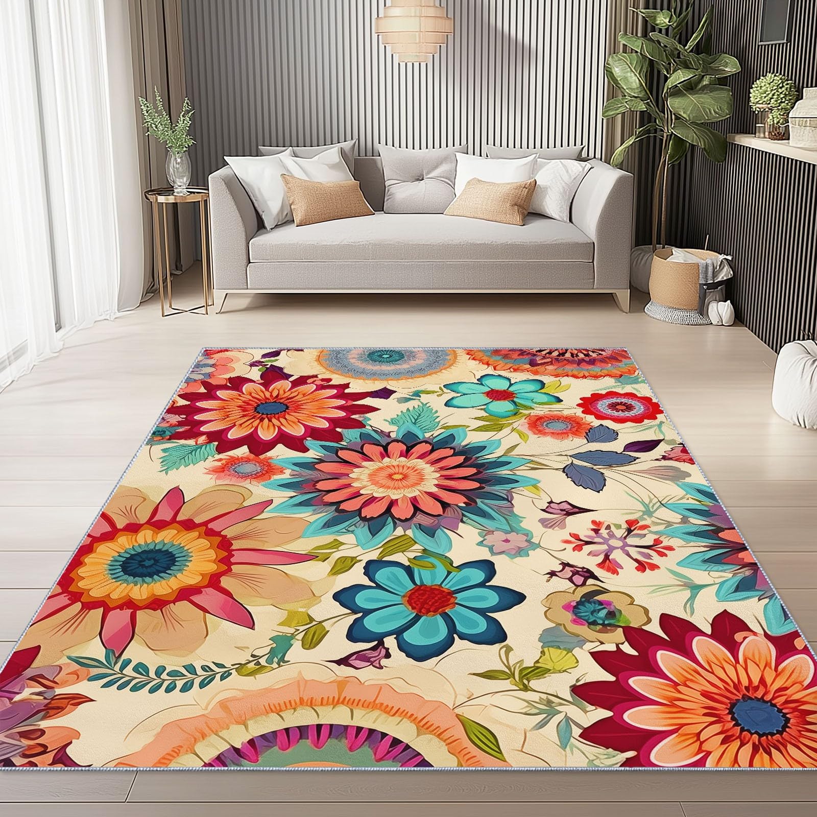 Générique Intérieur Imprimé Coloré, Bohème Floral Mandala Motif Antidérapant Tapis Décoration pour Salon Chambre Cuisine Salle À Manger - 80 x 150 cm
