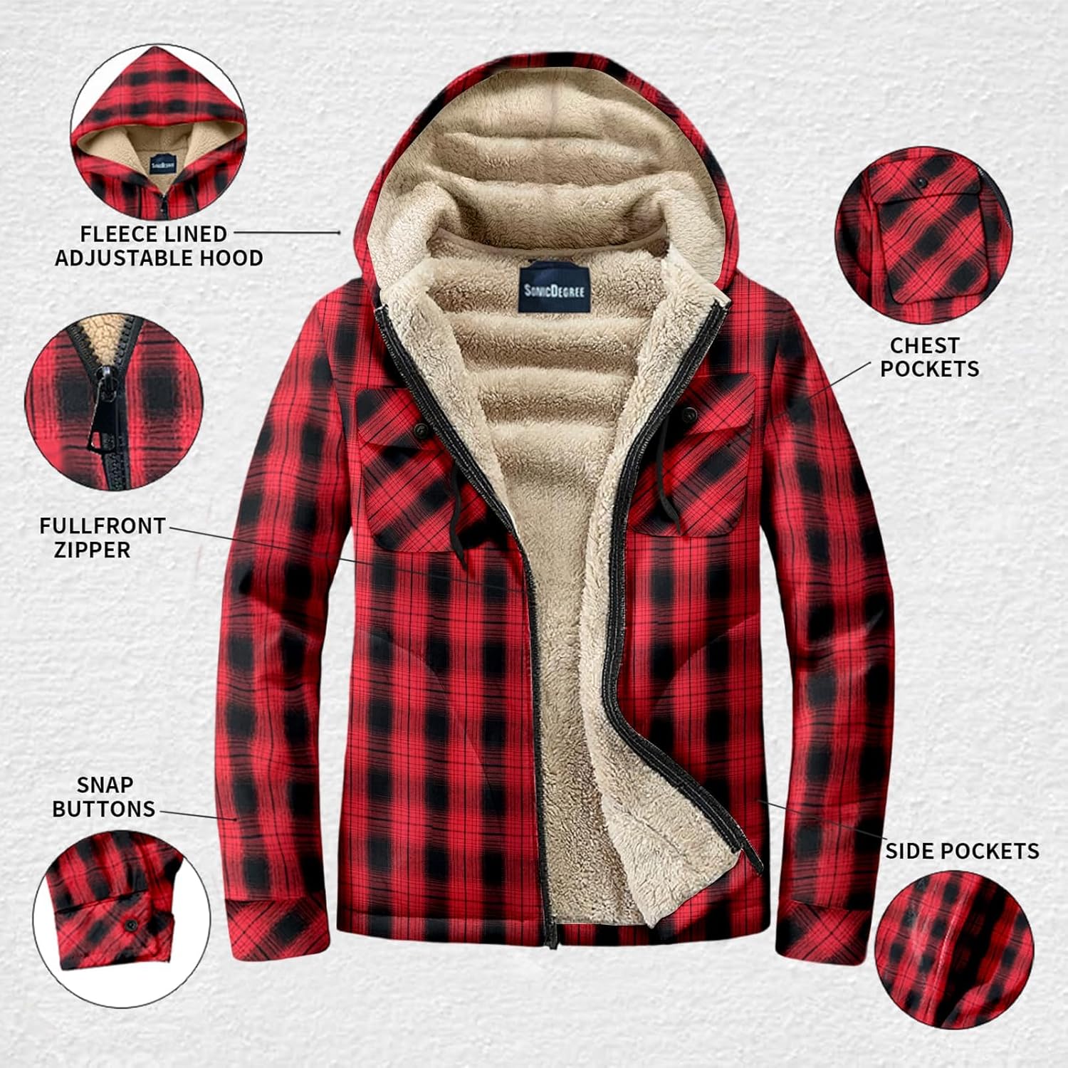 Big and Tall Flannel Jacket for Men Plaid Fleece Hoodie Zip Up Sherpa Lined Winter Coat, 2XL-8XL Plus Size - Image 5