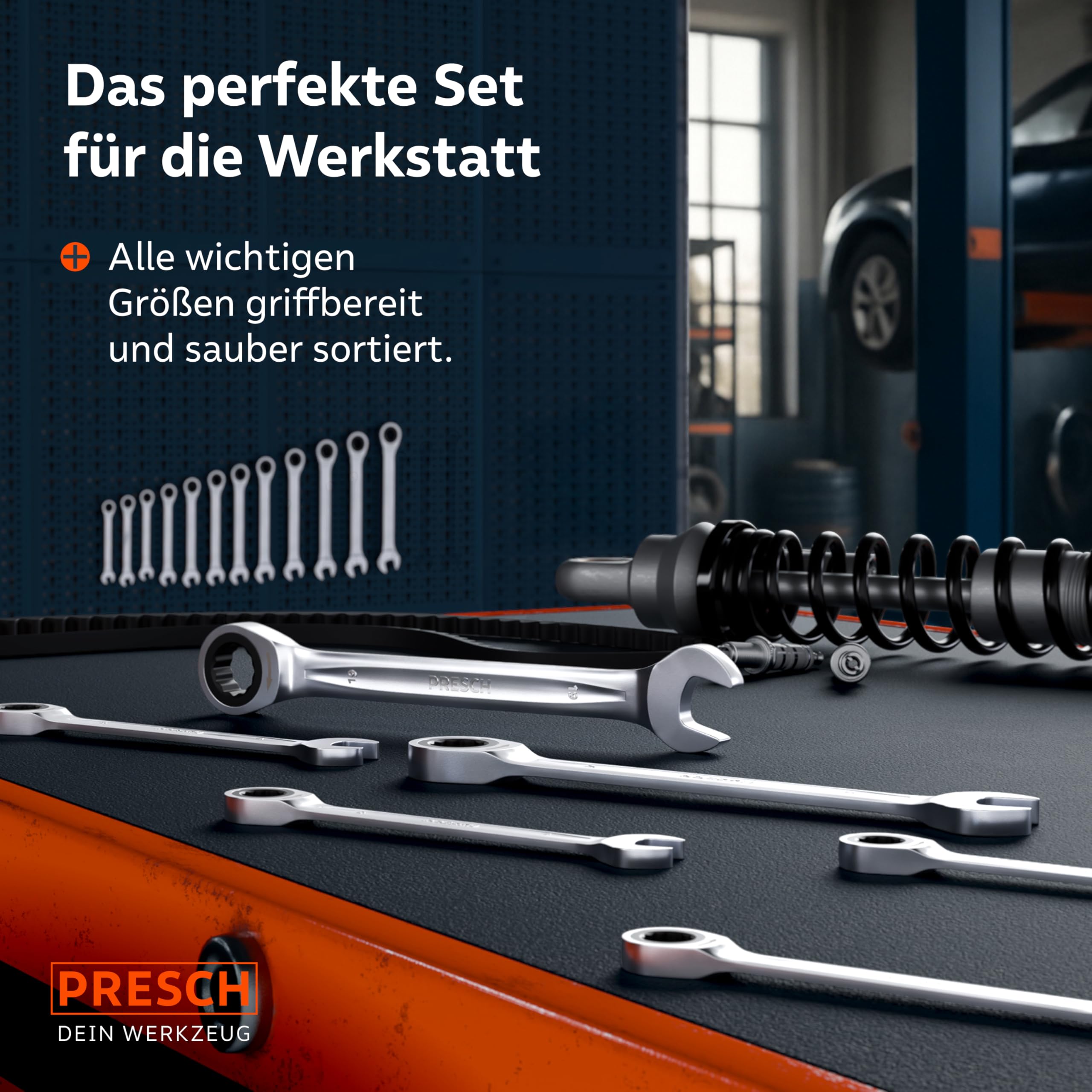 PRESCH Ratschenschlüssel Set 12tlg. (6-19mm) inkl. Tasche - Minimaler Rückholwinkel (Bis zu 4°, 90 Zähne) - Robuste, präzisionsgefertigte Ringratschenschlüssel