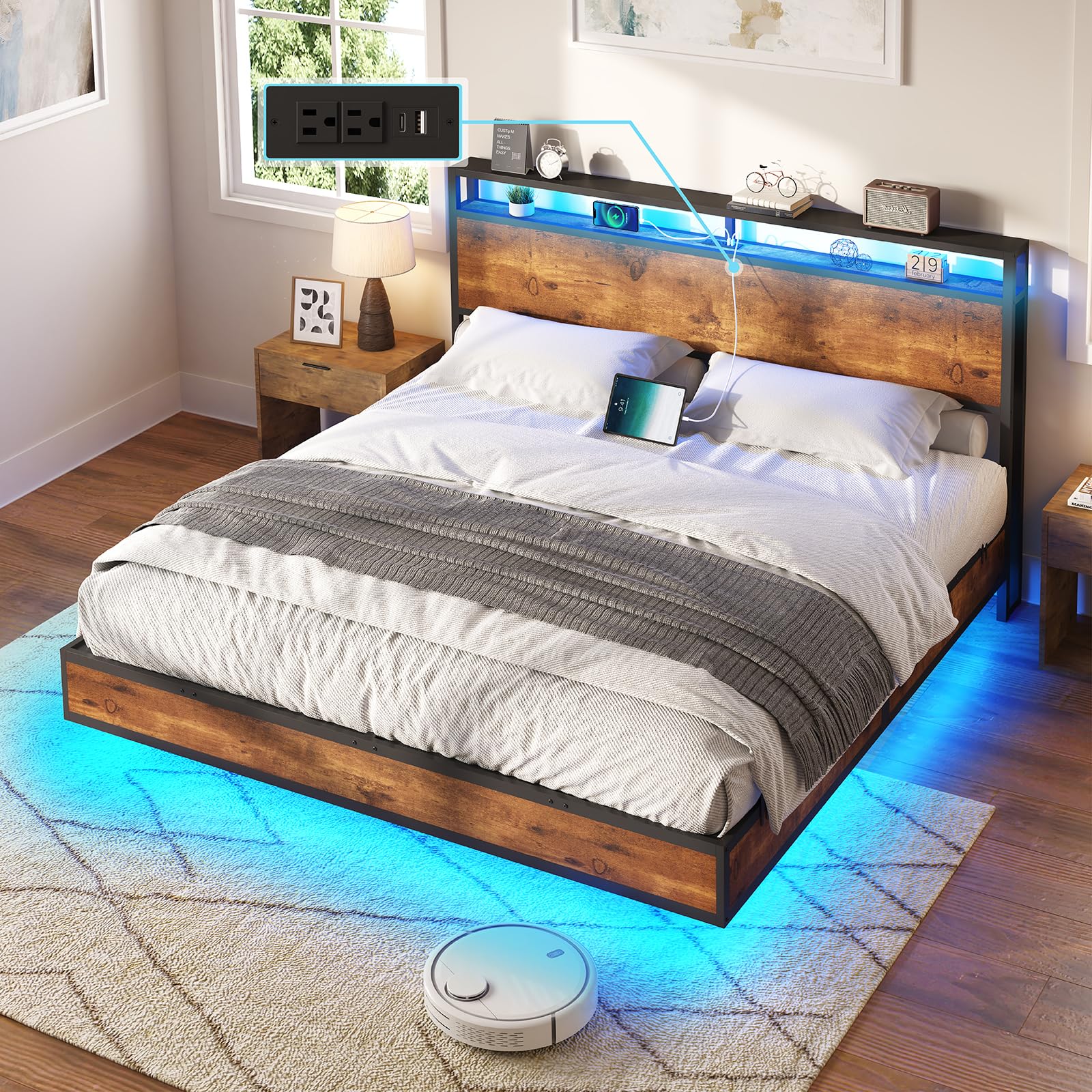 AMERLIFE King Size Floating Bed Frame with 2-Tier Storage Headboard, Metal Bed Frame with Charging Station & LED Lights, No Box Spring Needed, Rustic