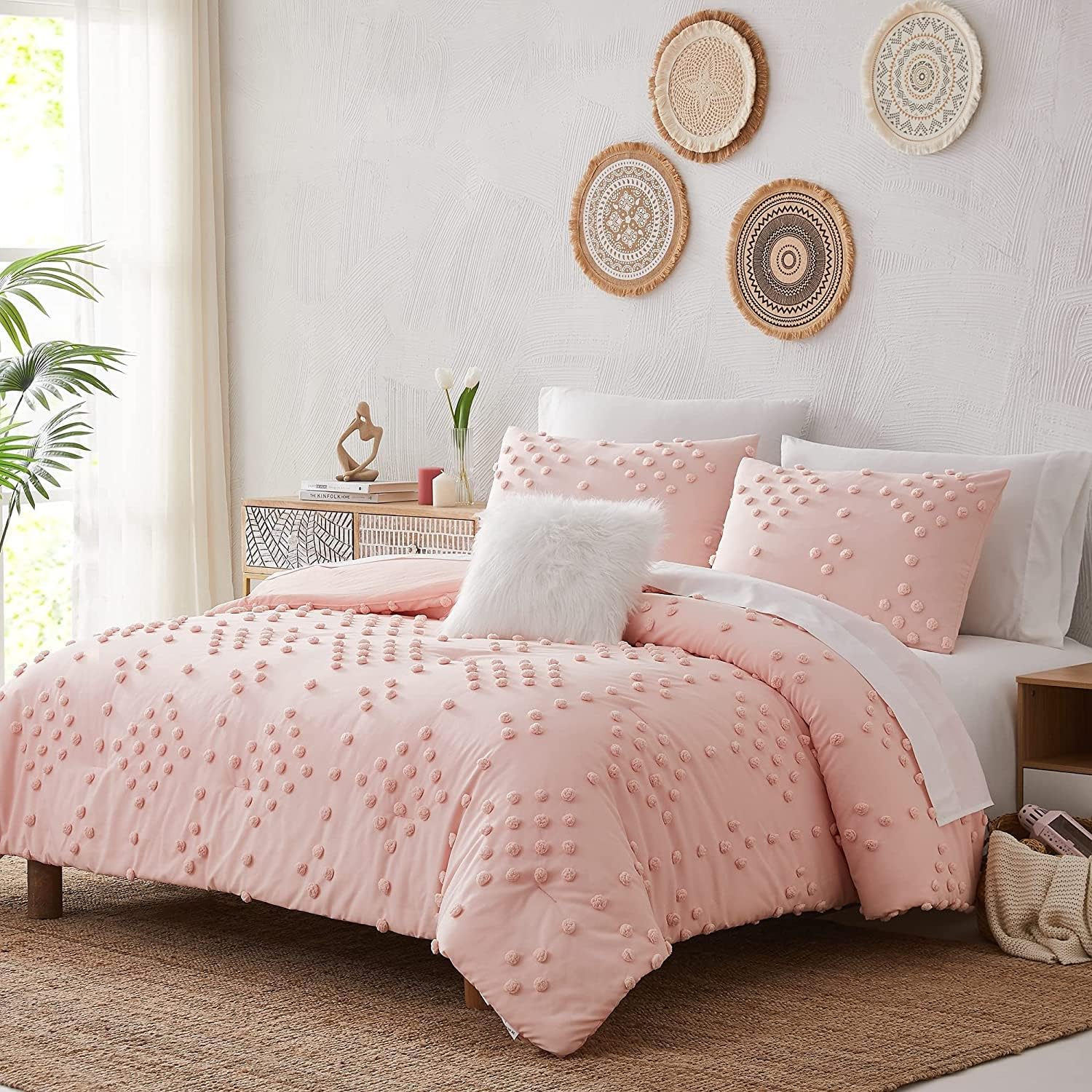 geniospin pink comforter set queen, pom pom tufted pattern design bedding sets queen 8 pieces, all season comfortable boho comforter set, lightweight, warm and breathable (90"x90")