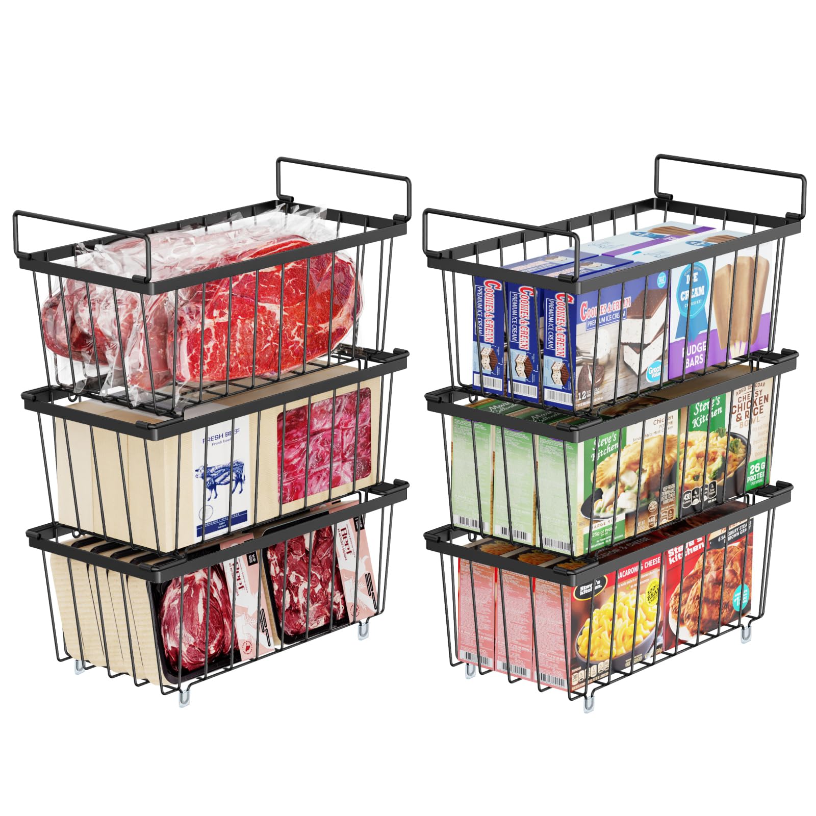 iSPECLE Chest Freezer Baskets - 6 Pack Stackable Wire Basket Add Space for 198L Deep Freezer Easy Get Food with Handles, Sort Food Air Circulation Keep Better Freshness, Black