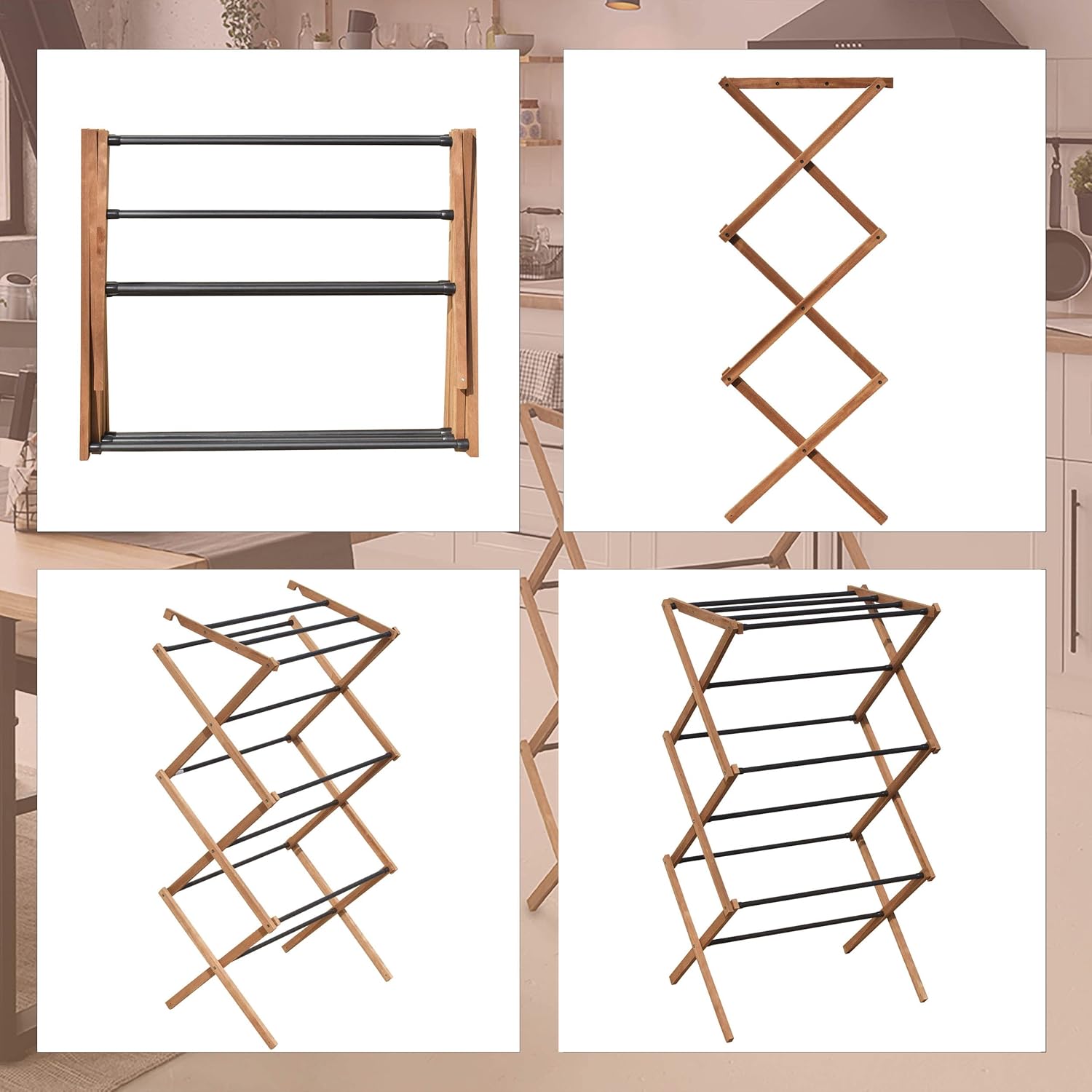 Wooden Clothes Airer Black Metal Rods FSC Certified Ash Wood Vertical Clothes Dryer