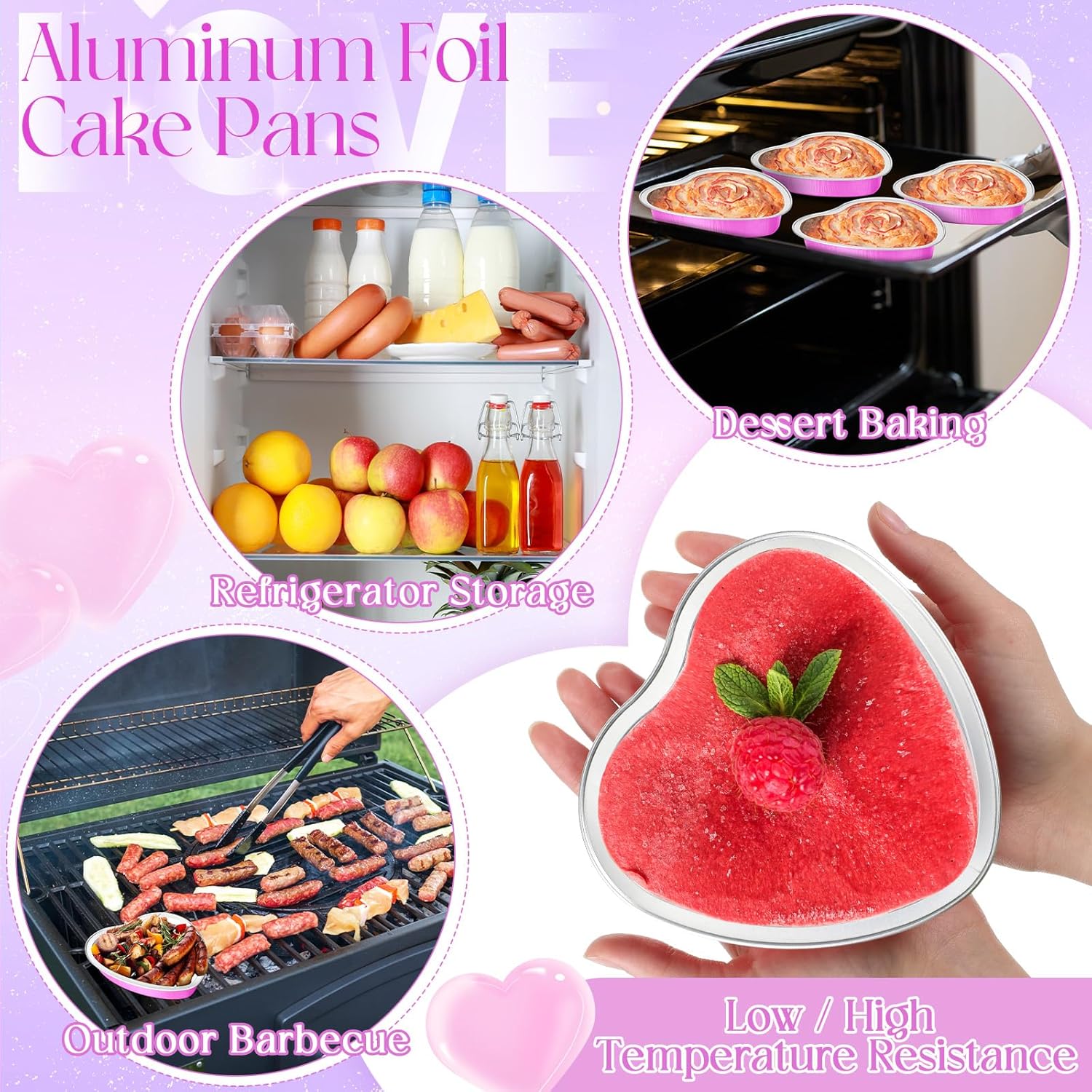 Yinkin 50 Sets 9 oz Valentines Day Baking Supplies Heart Shaped Cake Pans, 5.4'' Heart Aluminum Foil Cupcake Pan with Lid Spoon Sealing Sticker Disposable Dessert Tin for Wedding Birthday Party(Pink)