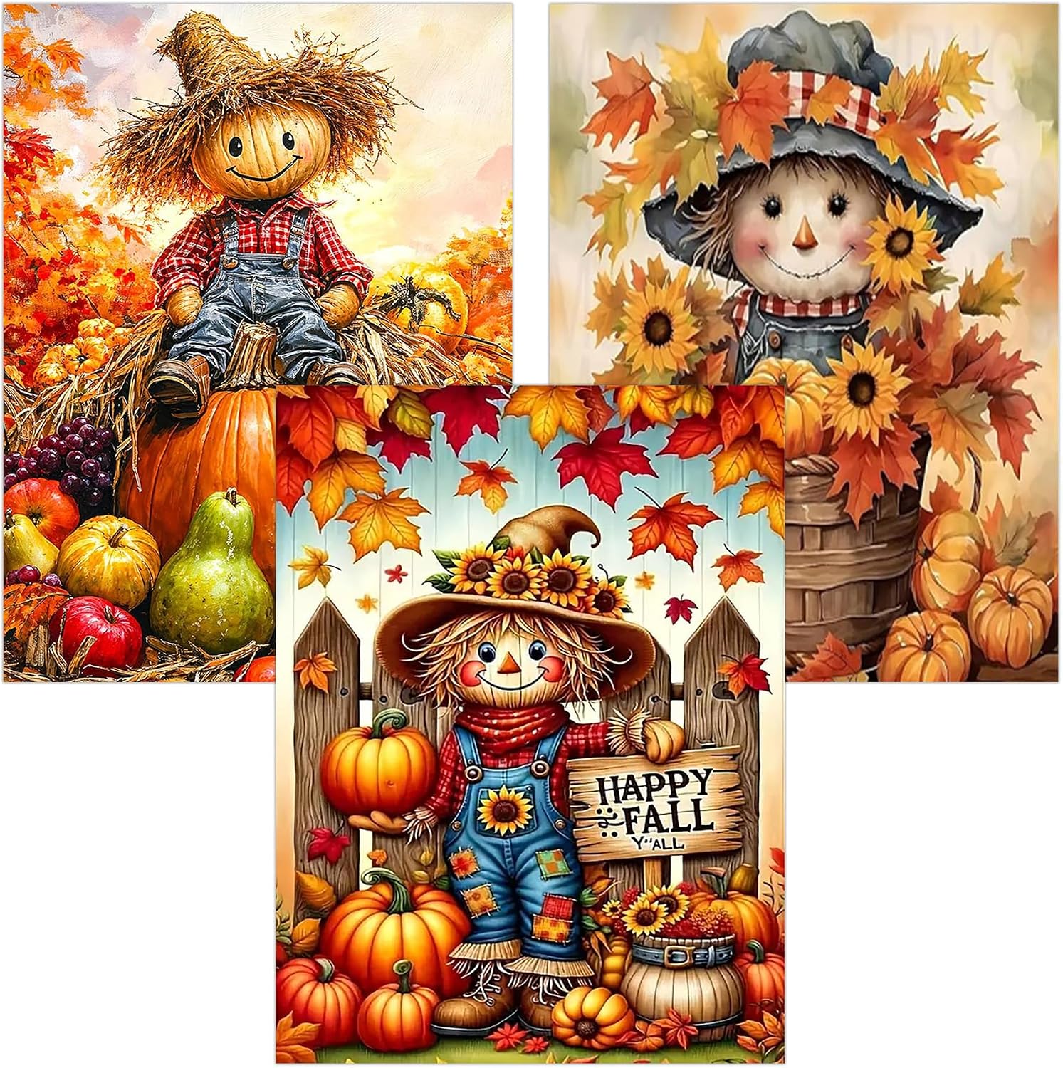 3 Pack Diamond Art Kits for Adults, Autumn Diamond Painting Kits for Adults, 5D DIY Round Drill Fall Gem Art Paint with Diamonds Dots Kits for Home Decor Holiday Gift 12x16inch (Scarecrow and Pumpkin)