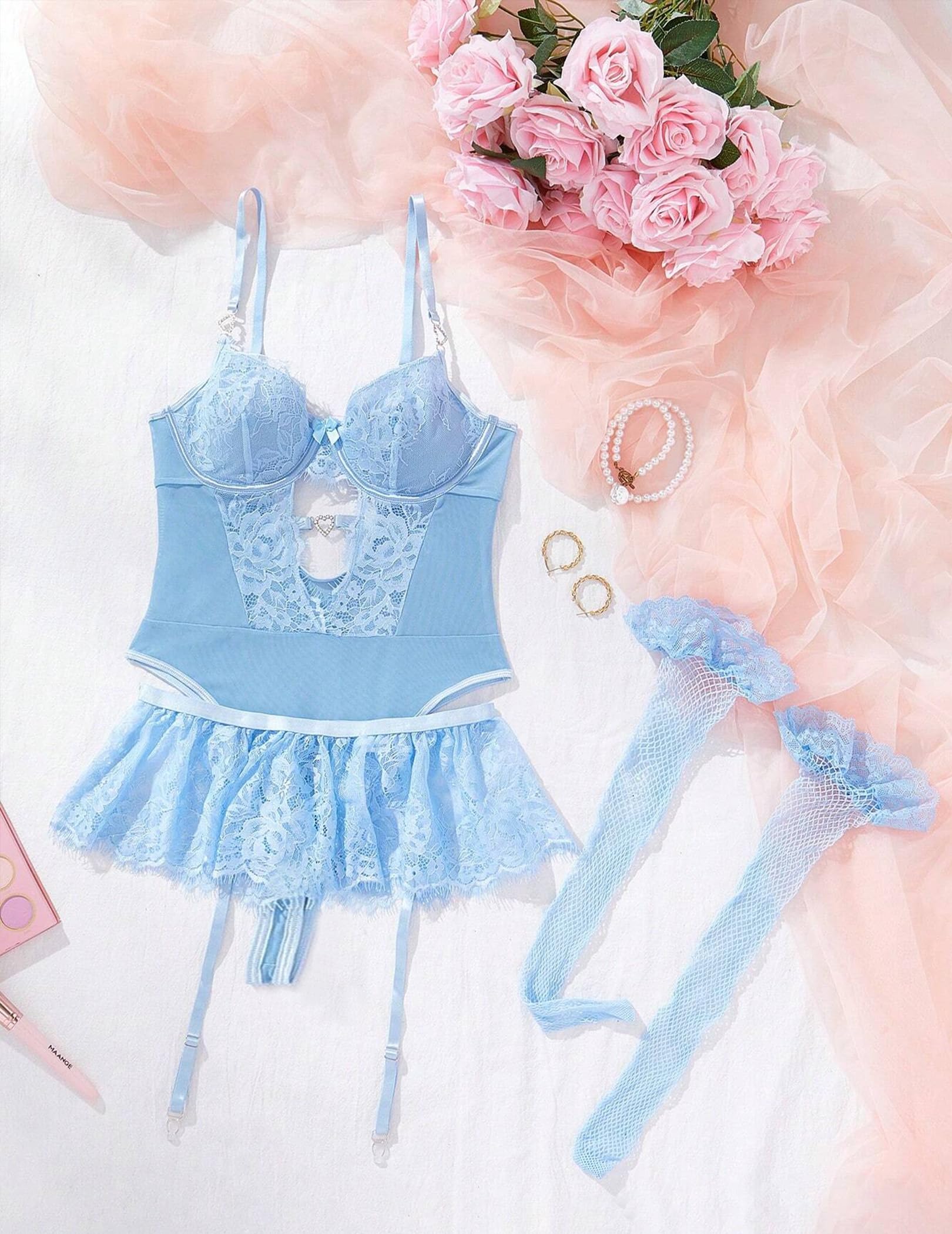 Alrovetoney Women Lingerie Set Naughty Lace Bodysuit High Waisted Underwire Lingerie Babydoll With Garter Belt and Stockings: 3X-Large Baby Blue
