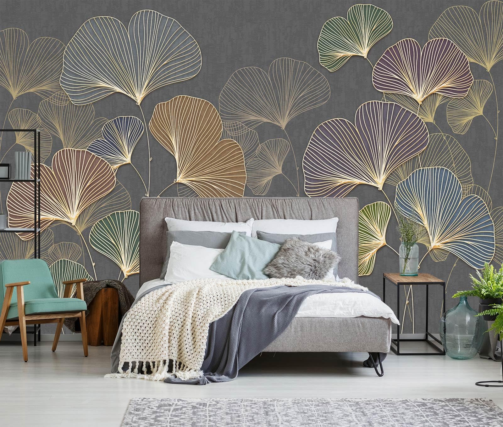 Botanical Leaf Wallpaper Embossed Ginkgo Biloba Leaf Golden Line Mural Wallpaper Living Room Bedroom?Not Peel and Stick?