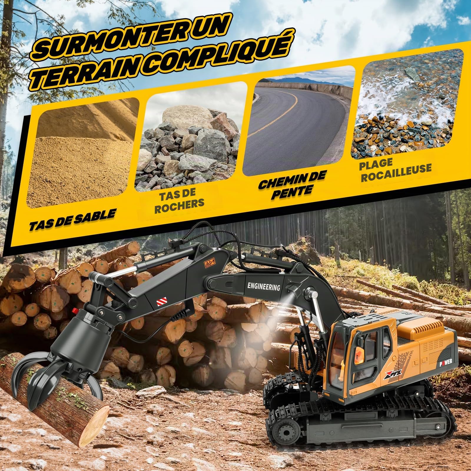 Charmofun Pelleteuse Télécommandée 3-en-1, 2,4GHz RC avec 3 Têtes Métalliques, Cabine Pivotante 680° avec Lumières et Musique, Jouet Engin de Chantier Cadeau Enfant 3-12 Ans