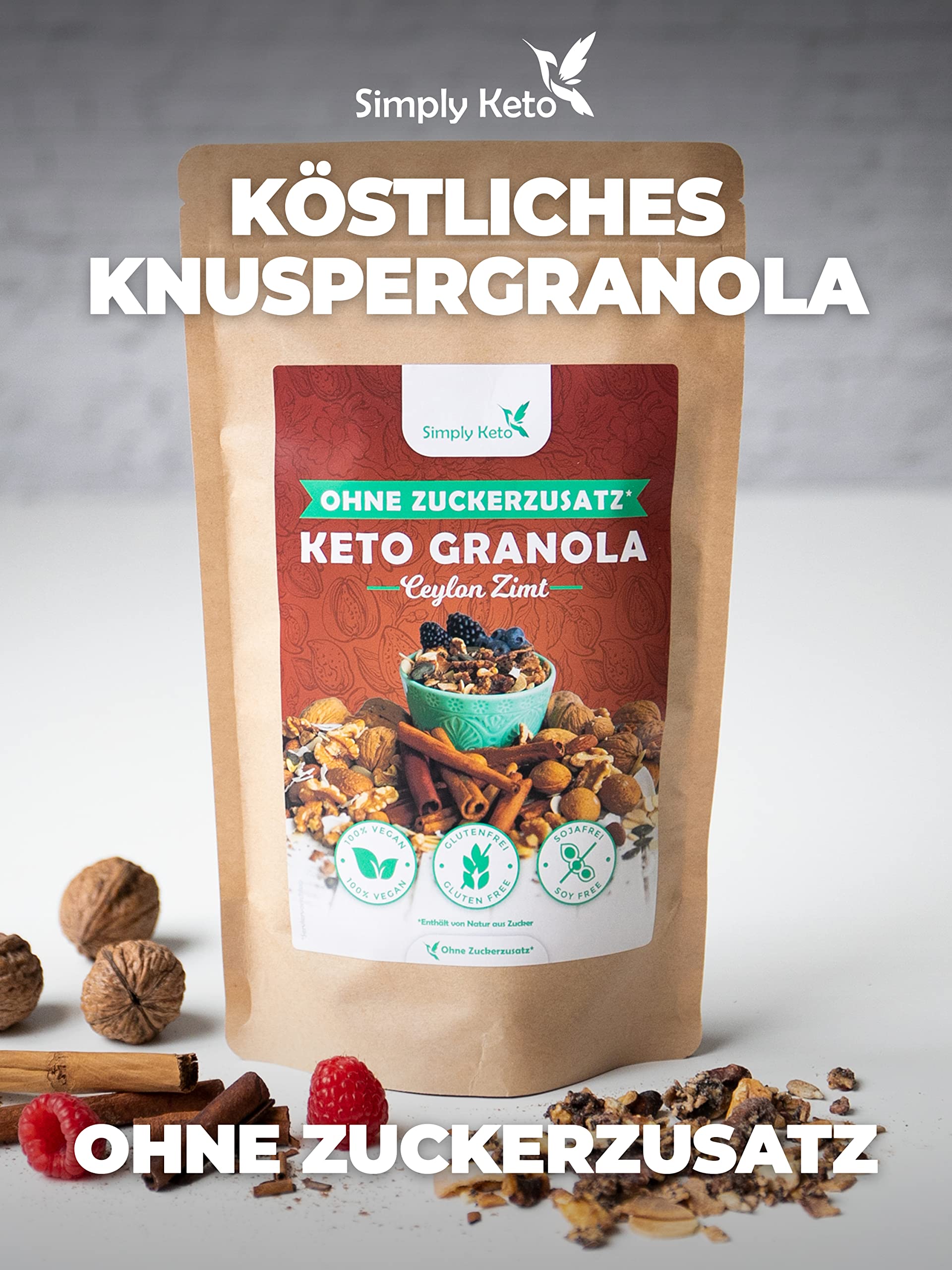 Simply Keto Muesli Crujiente Canela - Muesli Bajo en Carbono sin Azúcar - 500g Delicioso Muesli Keto para un Desayuno Perfecto - Paleo y Vegano - Sin Soja, Lactosa y Gluten - 500g