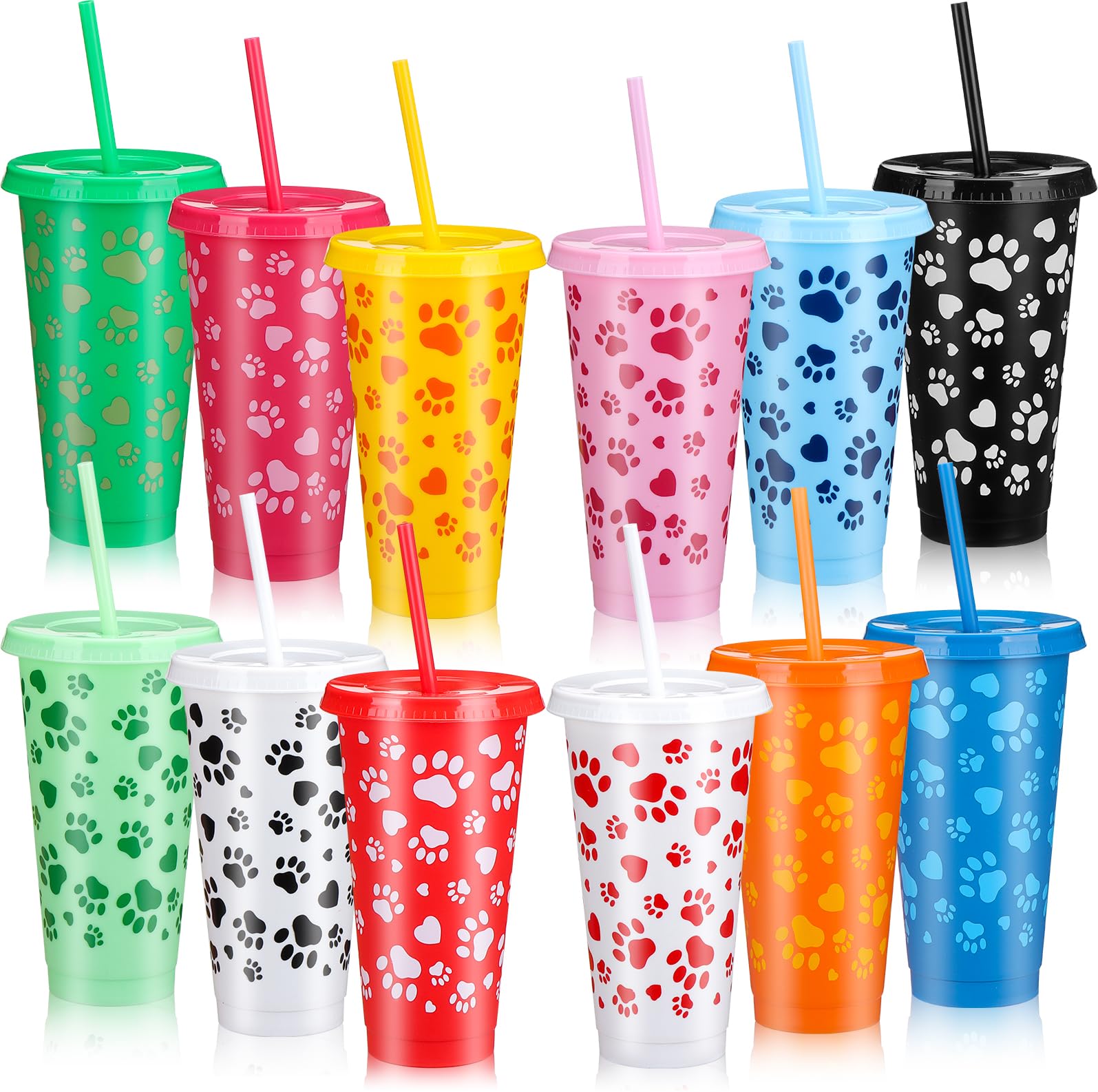 FUXIHUAYA 12 Pcs Reusable Dog Paw Cups with Straws and Lid 24 oz Plastic Tumbler Drinking Cup Bulk for Birthday Baby Shower Puppy Themed Party Supplies