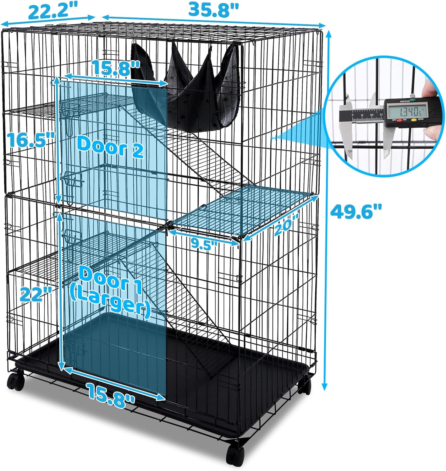 50 Inch Cat Cages Indoor, 4-Tier Large Cat Crates for Indoor Cats, Collapsible Cat Enclosures Heavy Duty Metal Wire Cat Kennel Outdoor for Adult Cats Kitten Kitty with Hammock, Ramps, Wheels