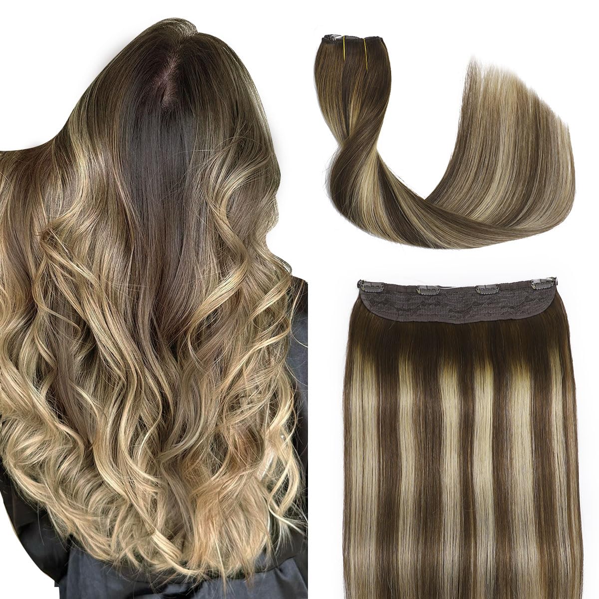 Sindra Wire Hair Extensions Real Human Hair 18Inch 85g Balayage Medium Brown Mix Caramel Blonde Fishing Line Extensions With Adjustable Clips Wire18#4
