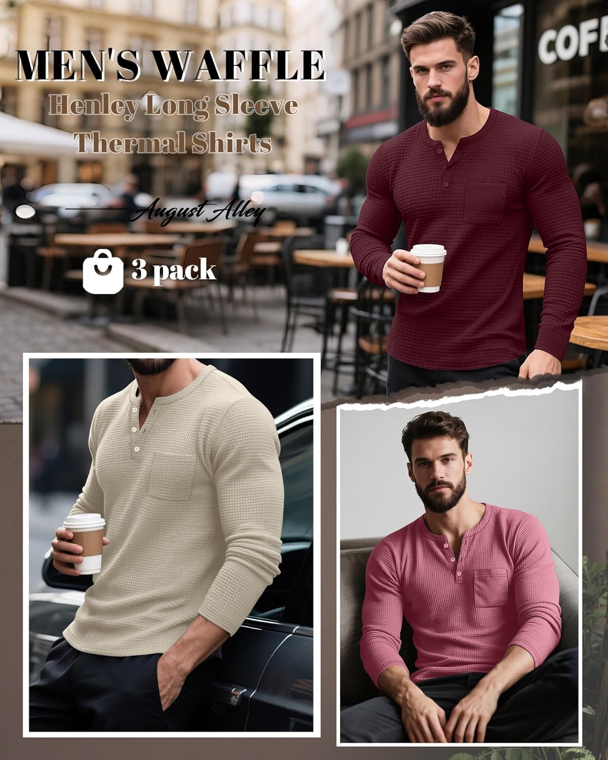 3 Pack Men's Waffle Henley Long Sleeve Thermal Shirts, Lightweight Casual Undershirts Pullover Tops with Pockets - Image 2