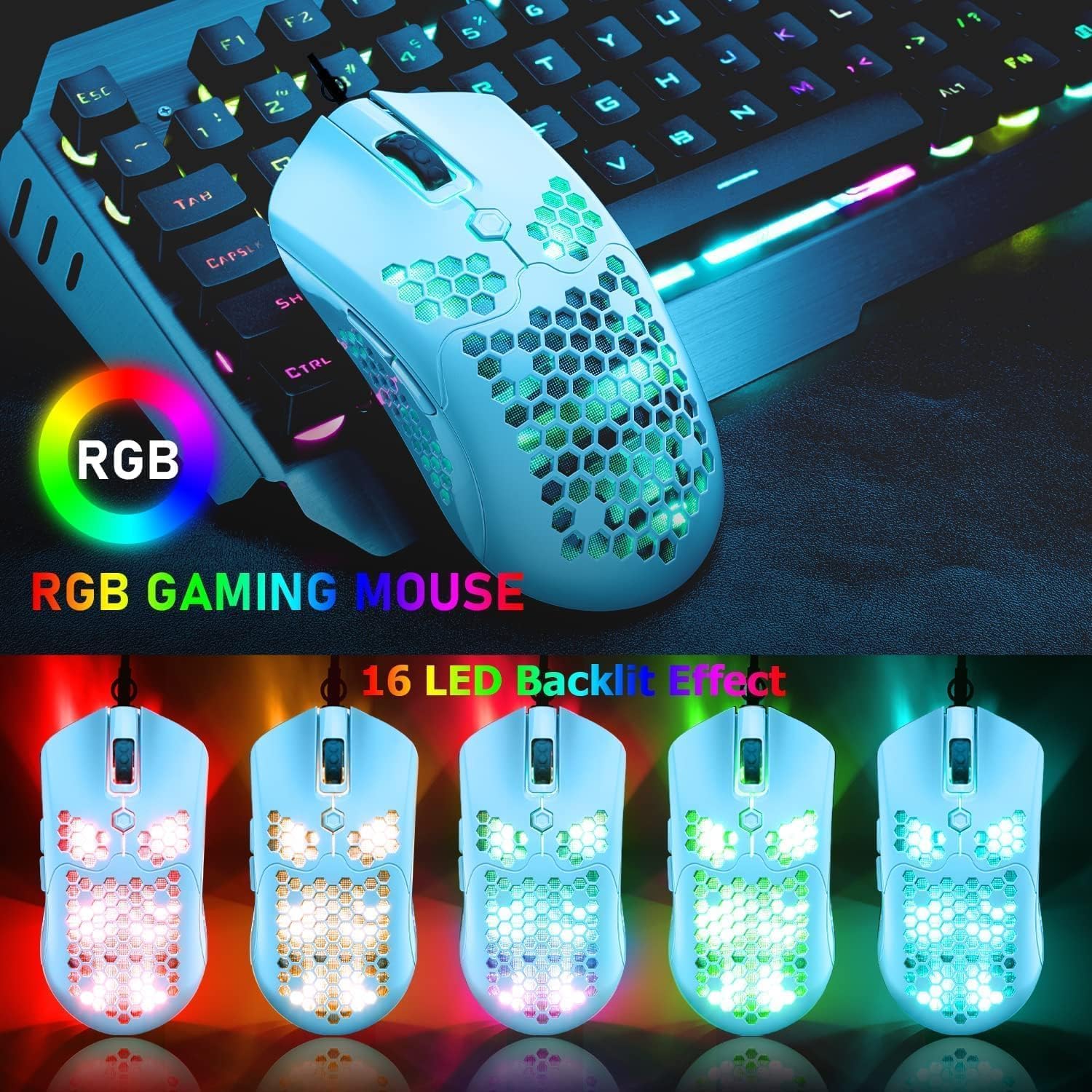 ZIYOU LANG T60 Clavier Et Souris De Jeu Mécaniques 60% [Disposition Britannique] – Mini Clavier Ergonomique Lumineux RVB De Type C – 12 000 DPI, Souris USB en Nid d'abeille– Interrupteur Bleu + Rouge