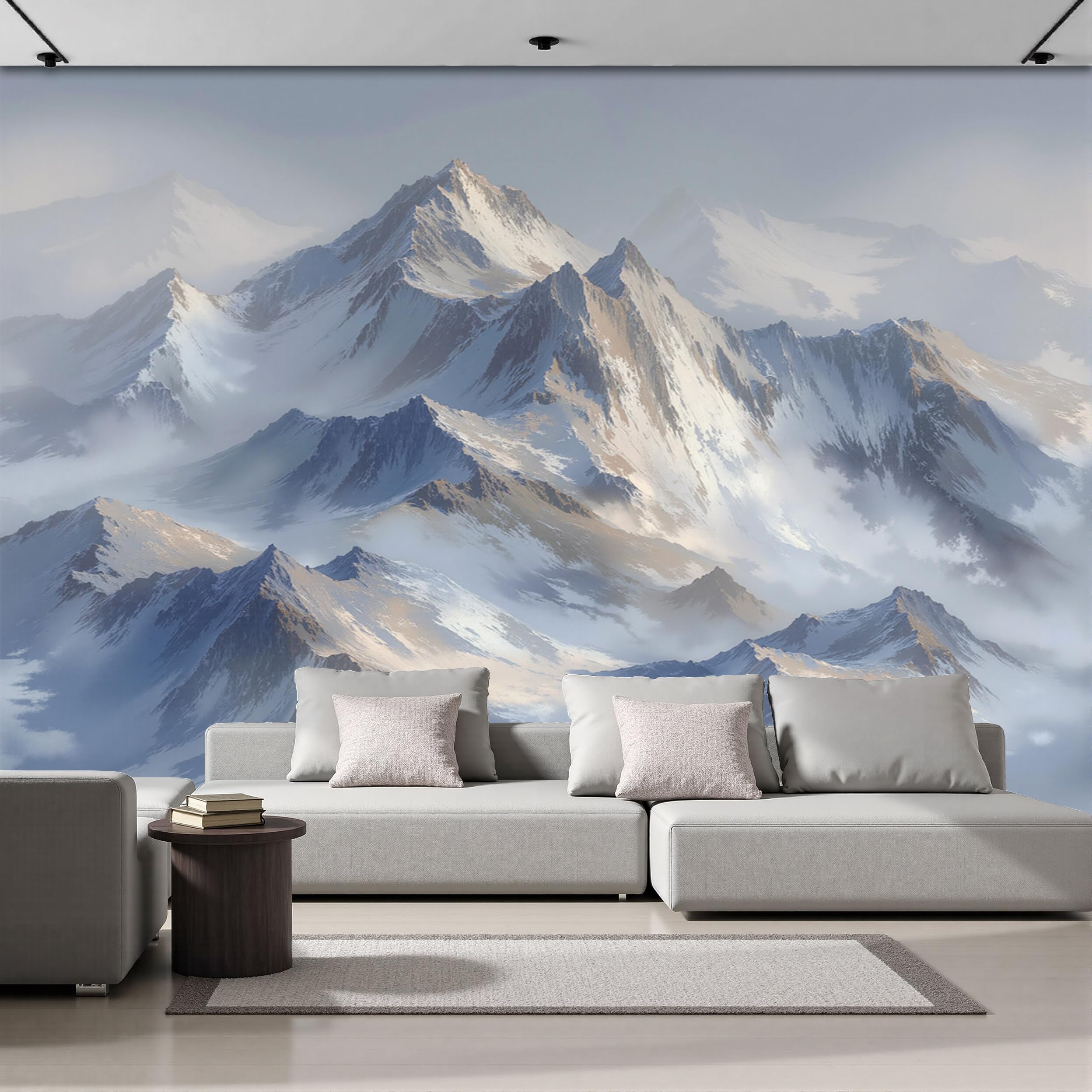 Papel pintado pared montaña nevada paisaje 3D azul y blanco para dormitorio