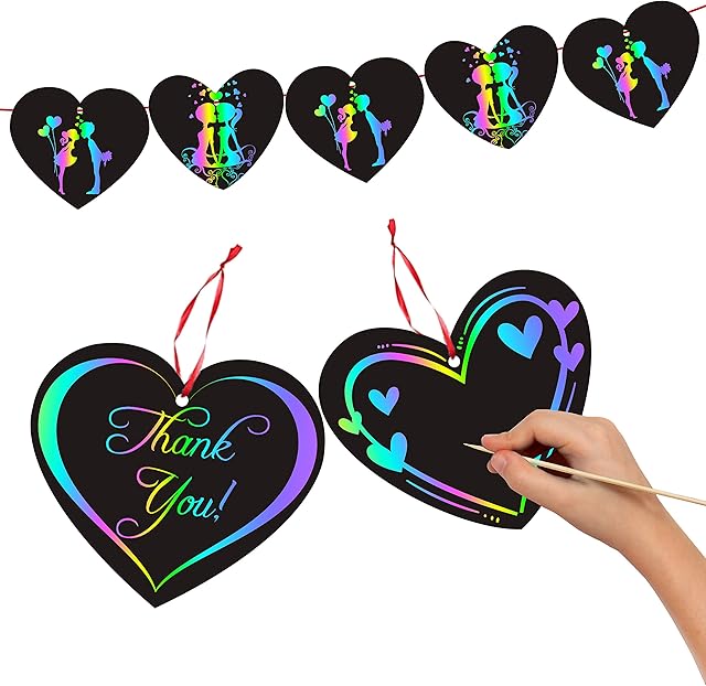 WATINC 60Pcs Valentines Day Scratch Paper Set for Kids DlY Heart Scratch Craft Art for Valentine Party Decoration Magic Rainbow Color Scratch Cards Gifts Kit with Wooden Styluses Ribbons