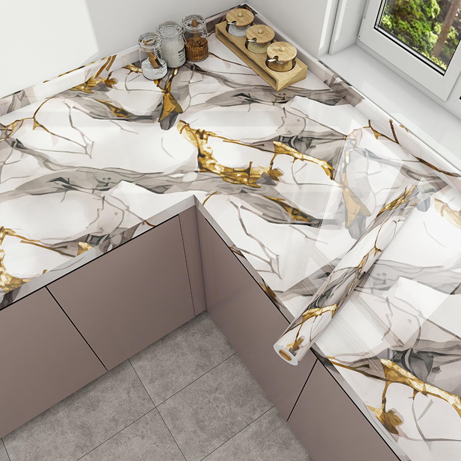Samoprzylepny papier ścienny 40 x 500 cm Abstrakcyjny Żółty Jasnoszary Naklejka ścienna Wodoodporna Łatwa w instalacji do sypialni Łazienka Kuchnia Salon Meble Dekoracja