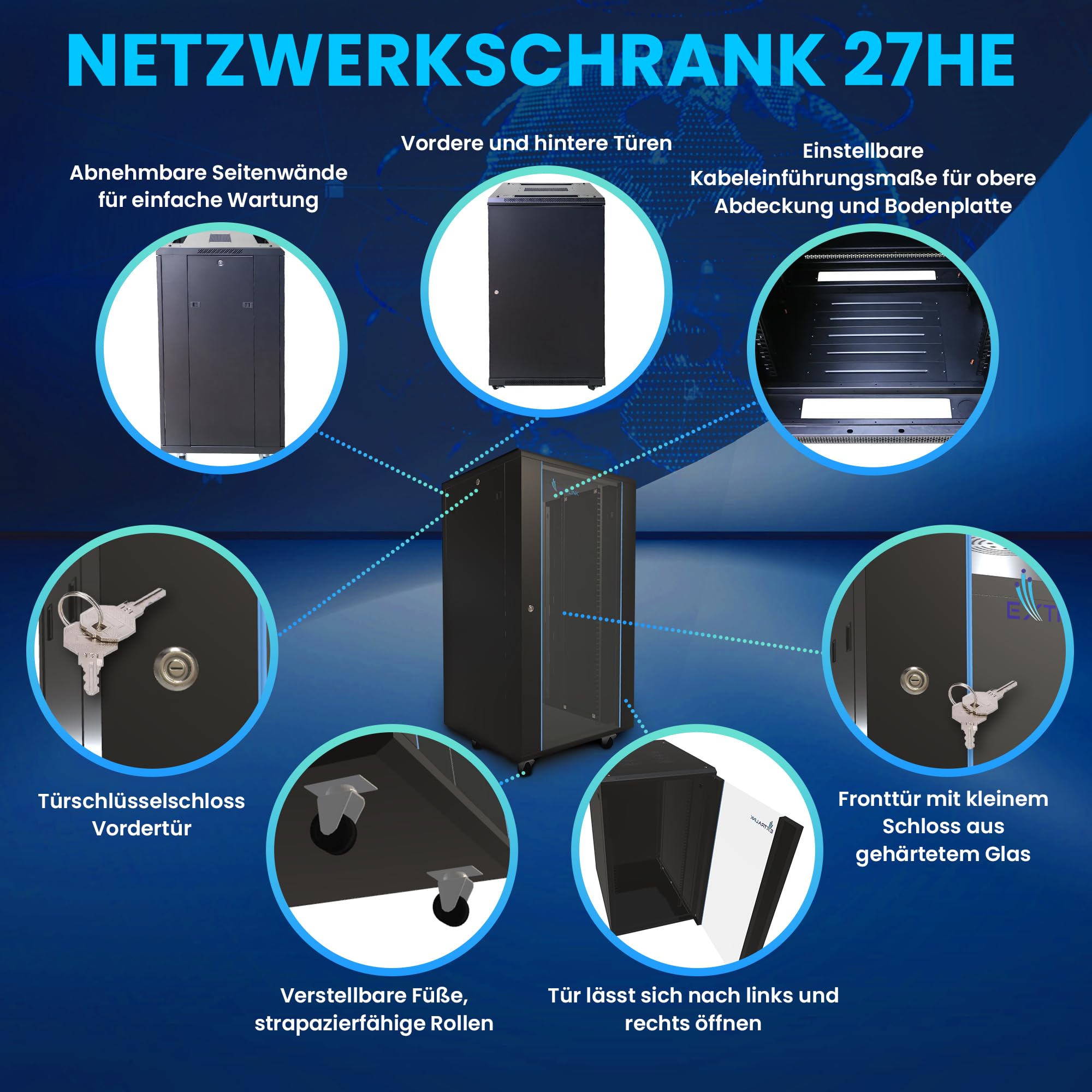 Extralink Baie de Brassage Rack 19 Pouces 27U 600x1000 – Autoportante, Panneaux Latéraux Amovibles, Verre Trempé – à Monter Soi-Même – pour Commutateurs, Onduleurs et Serveurs – Noire