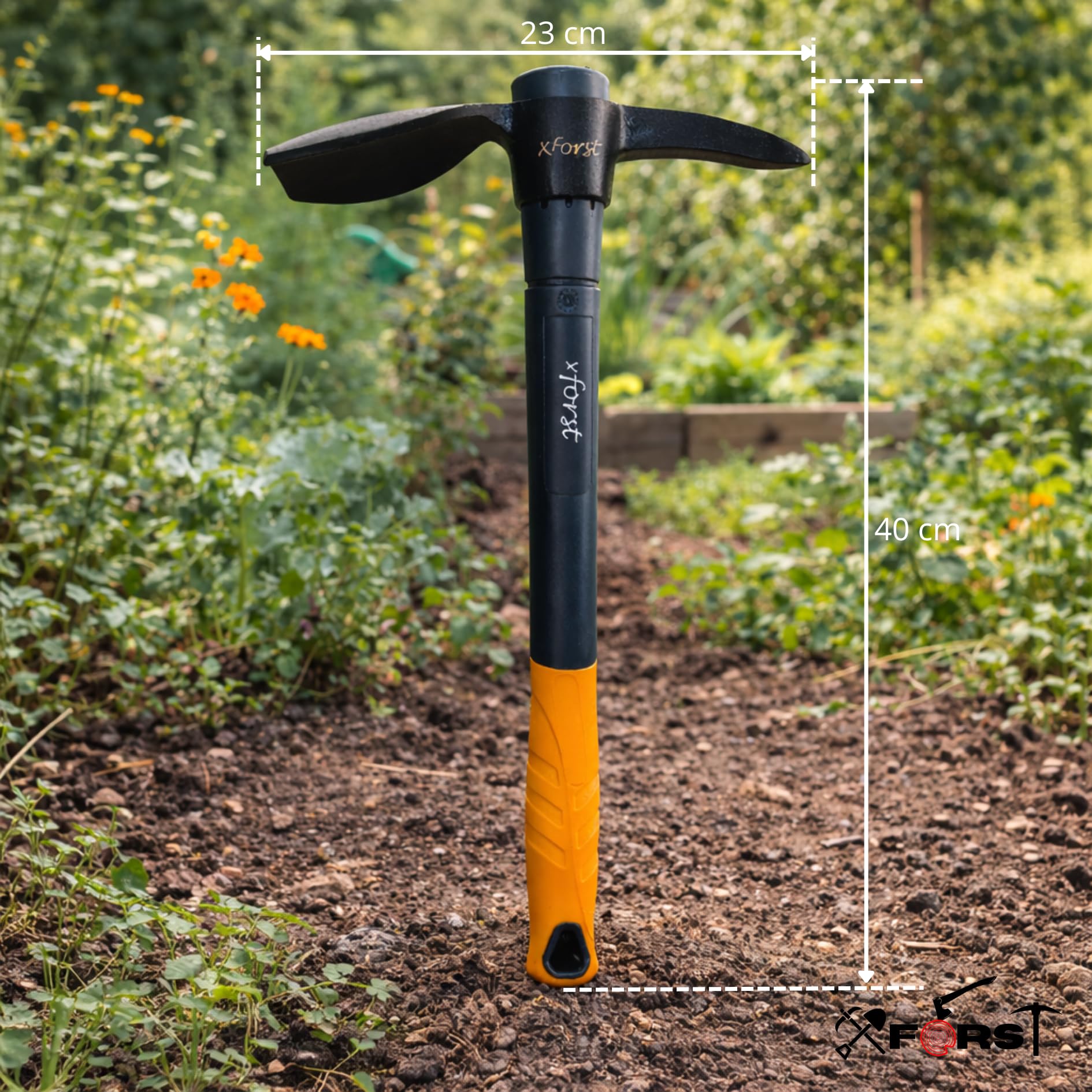 Xforst Piccolo piccone X-M3A – Piccone da giardino con manico in fibra di vetro e testa in acciaio – Piccola zappa per giardino, campeggio, piante e aiuole – 40 cm – Durevole ed ergonomico