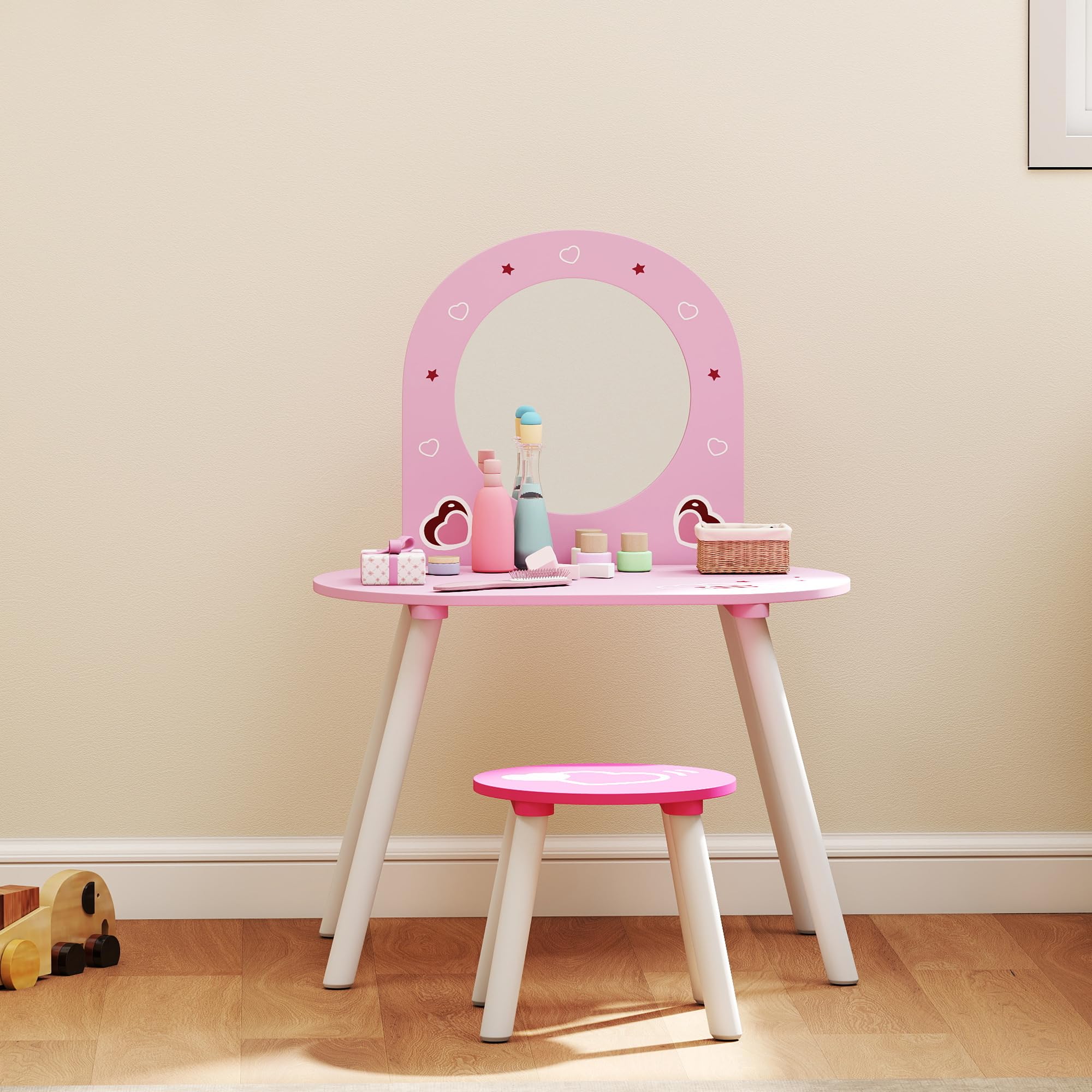 AIYAPLAY Tocador Infantil con Taburete y Espejo, Tocador para Niñas con Dibujos de Corazones, Mesa de Maquillaje para Niños y Niñas de 3-6 Años, Rosa