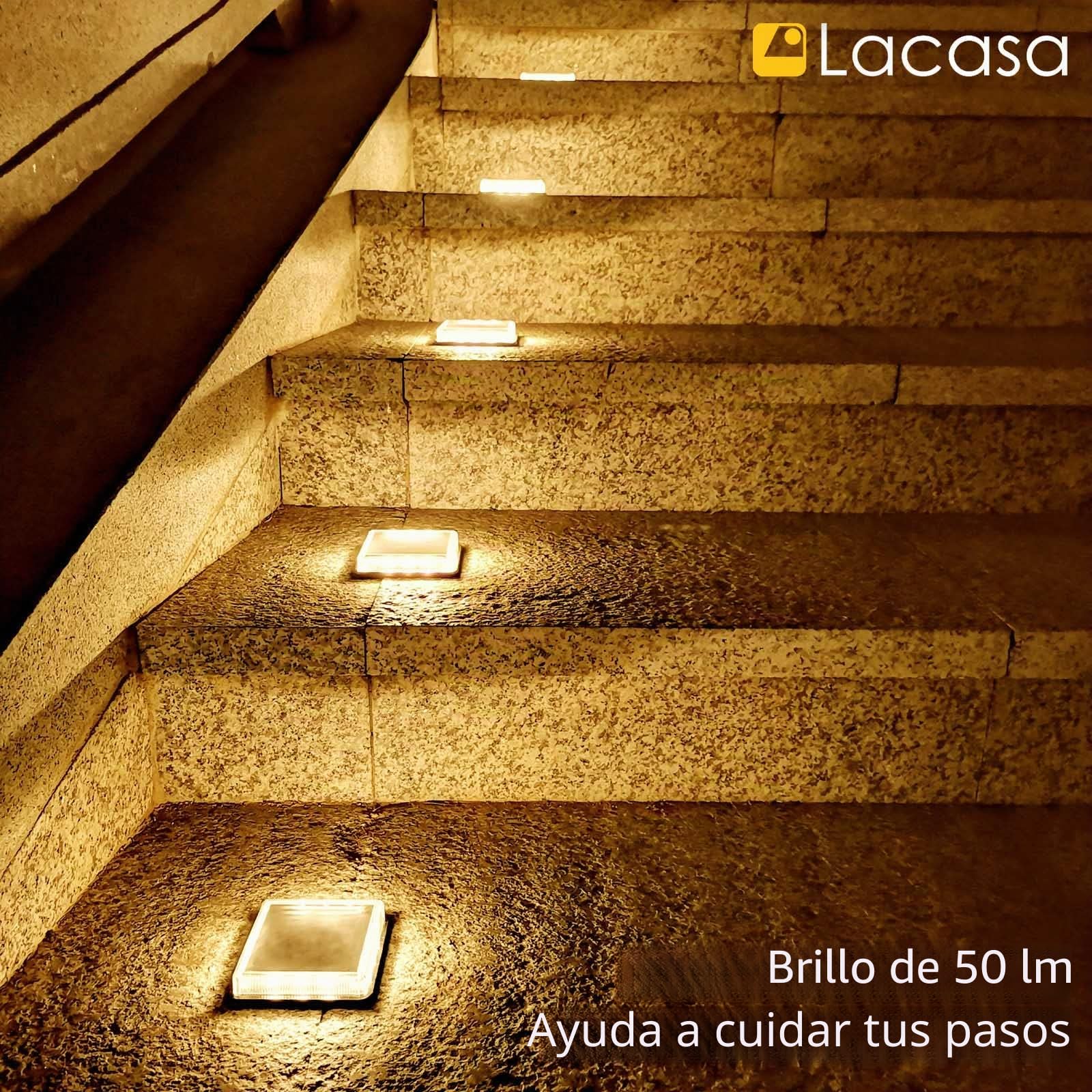 Lacasa 4pcs Luces Deck Solares LED de Suelo Exterior Jardin, 50LM Blanco Cálido 3000K Luz Solar Lampara Auto ON/OFF Luz Toda la Noche, IP68 Impermeable