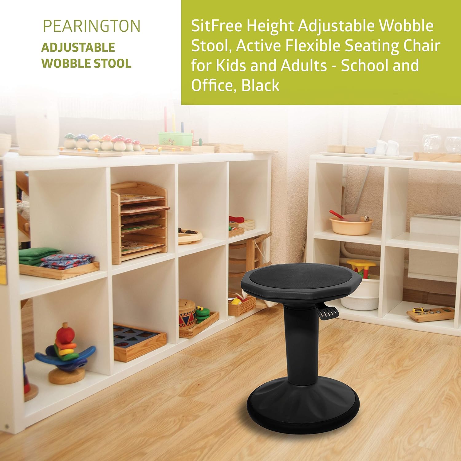 Pearington SitFree Height Adjustable Wobble Stool and Rubbermaid Commercial Products 41QT/10.25 GAL Wastebasket Trash Container, Black (4-Pack)