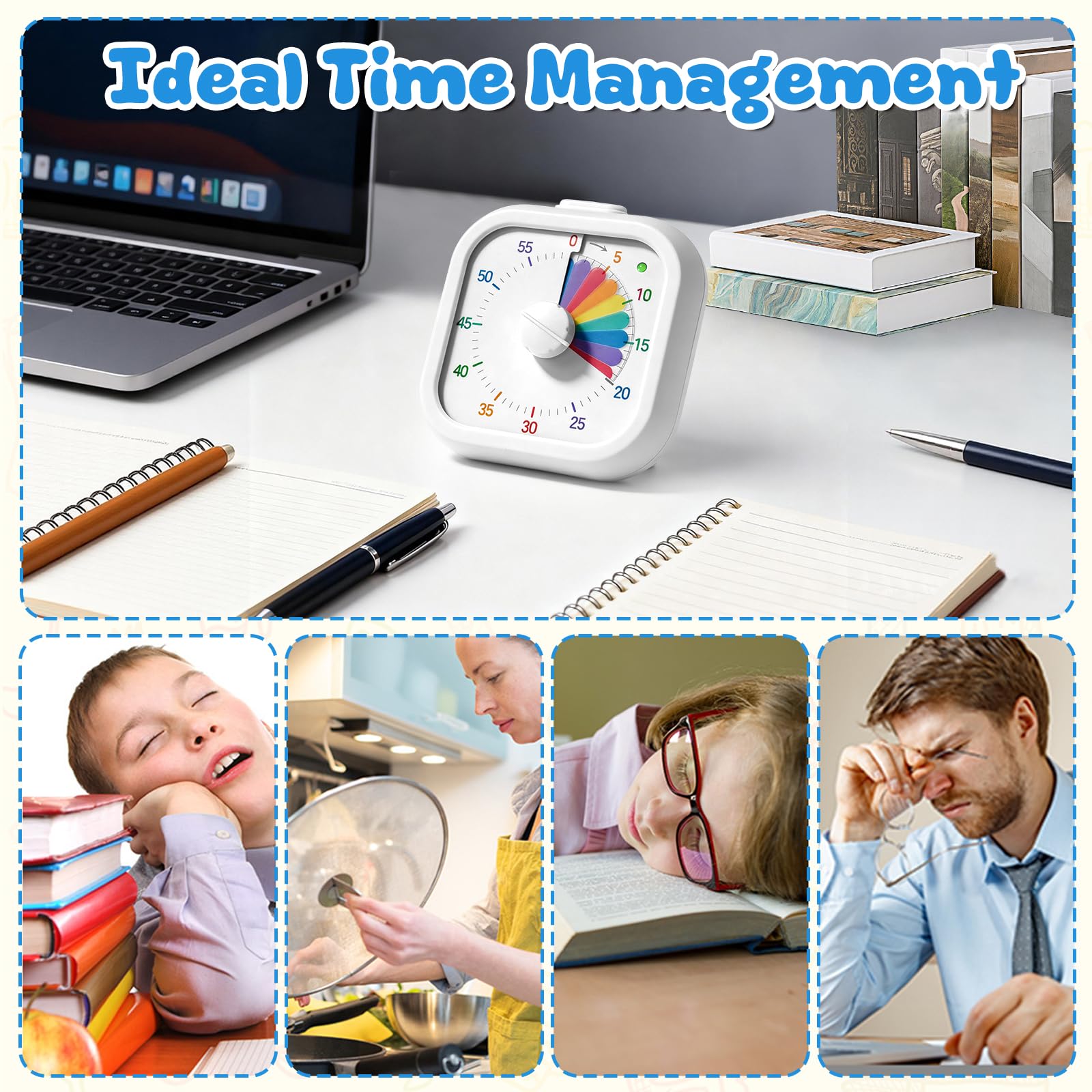 Time Timer tęczowy, wizualny timer dla dzieci i dorosłych, bezgłośna praca z opcjonalnym alarmem, do nauki w klasie, kuchni, biura domowego, narzędzie do zarządzania czasem, kolor biały