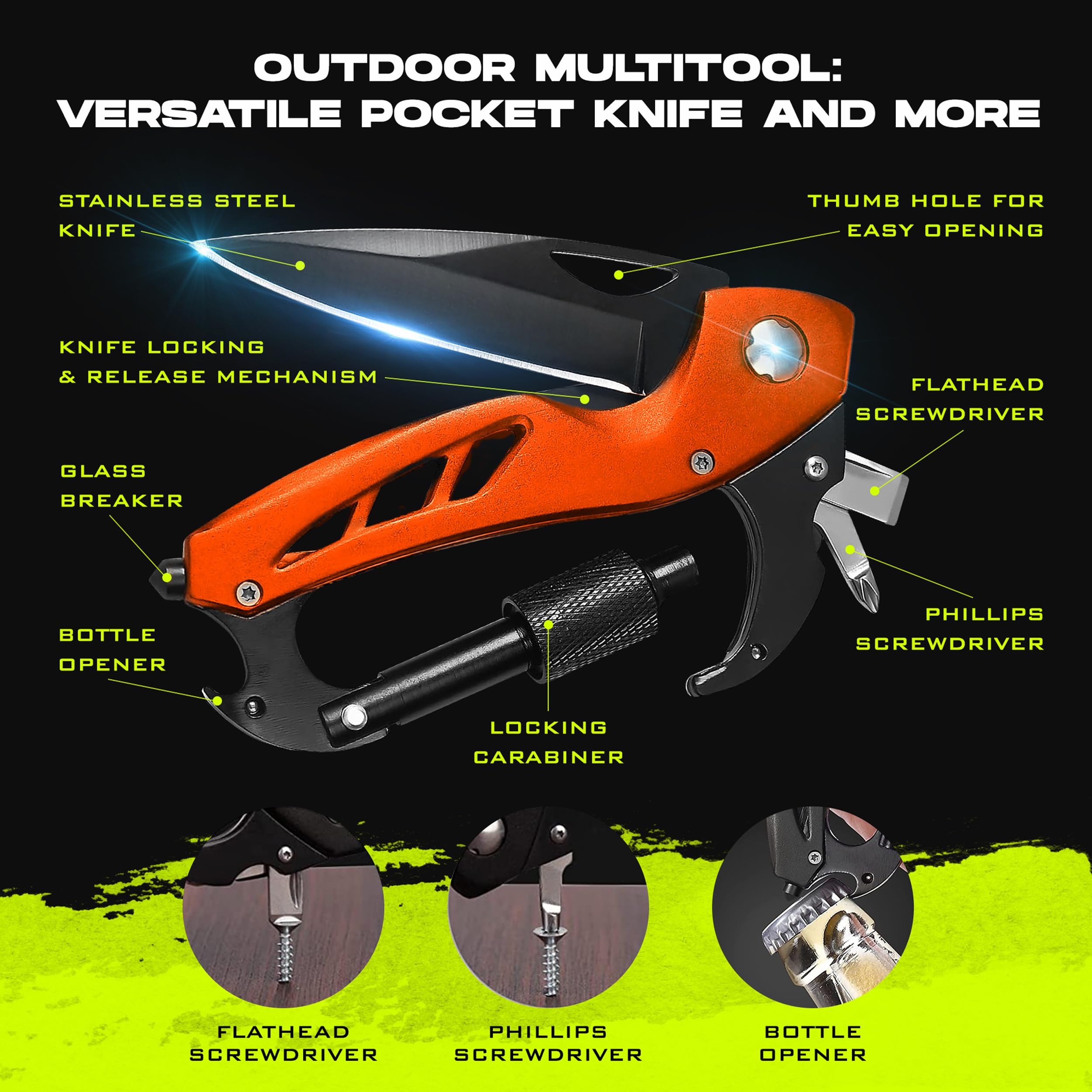 OFFICIAL SURVIVAL GEAR 2-Pack Outdoor Carabiner Multitool, Carabiner Knife, EDC Pocket Knife Survival Gear with Glass Breaker (Black/Hunters Orange)