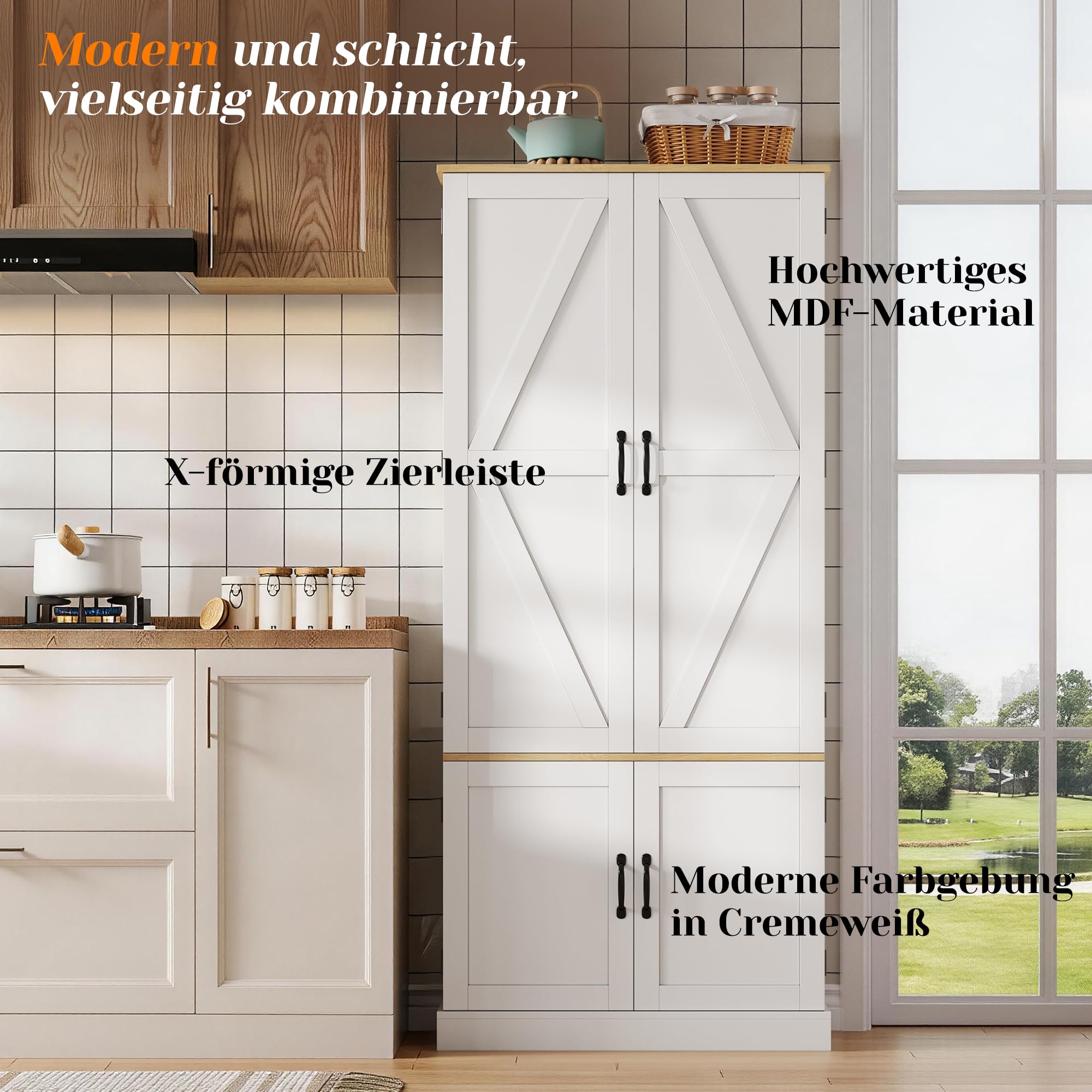 Merax Küchenschrank mit LED, Vorratsschrank mit 4-Türiger, 2 Schublade und Gewürzregal, Buffetschrank mit Höhenverstellbaren Einlegeböden, Küchenbuffet für Küche, 80×40×180cm, Weiß
