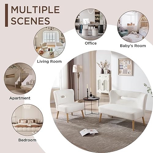 Miniatura 8 de Silla decorativa Boucle de gran tamaño, sin brazos, silla de lectura tapizada con tela sherpa, patas de madera y respaldo hueco, color beige