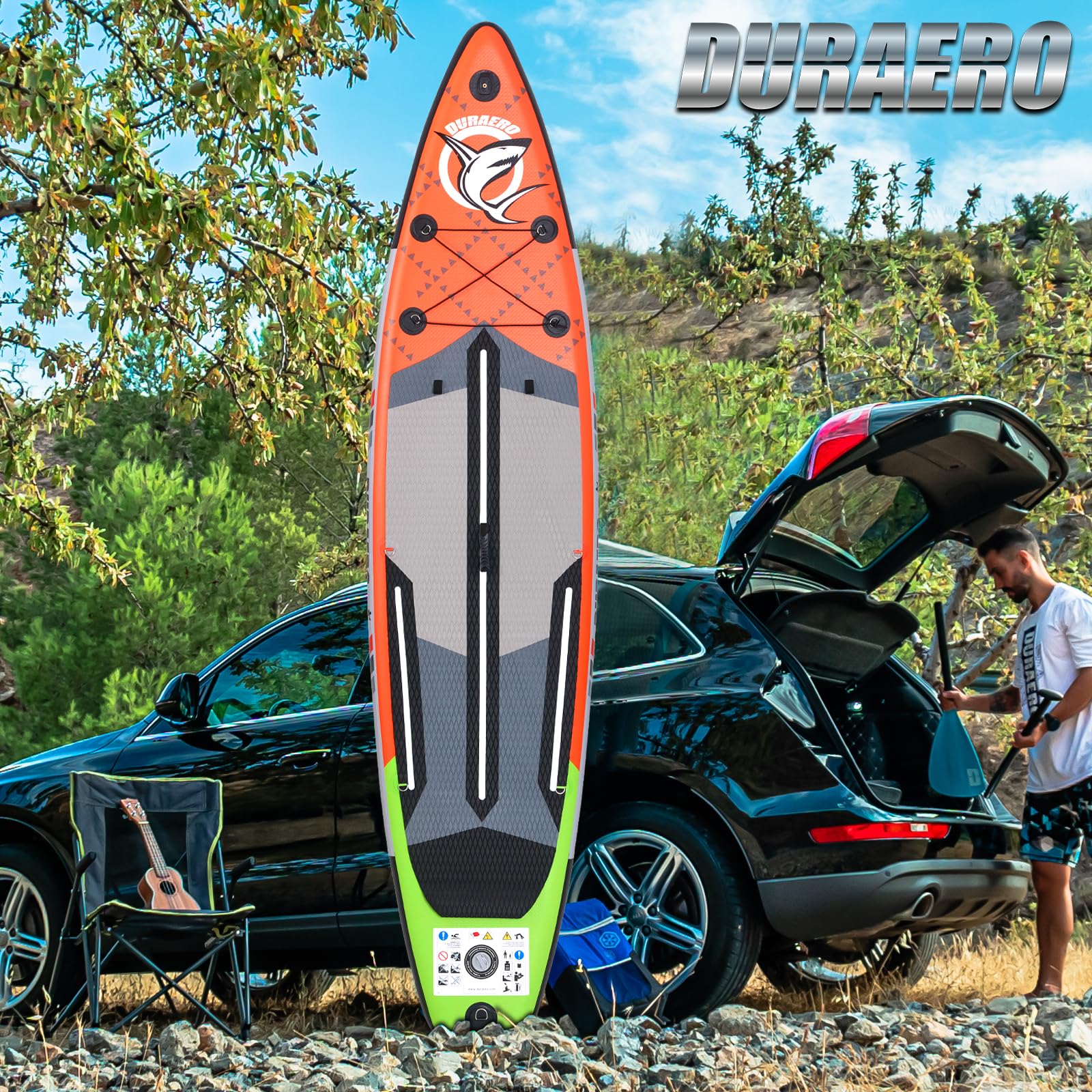Stand up Paddle Board Aufblasbare SUP Board Set, 330x76x15cm, 3 abnehmbare Flosse, Kajak Sitz, Verstellbares Doppel-Paddel, Cam Halterung, Komplettes Zubehör, Tragkraft bis 150kg, Rot