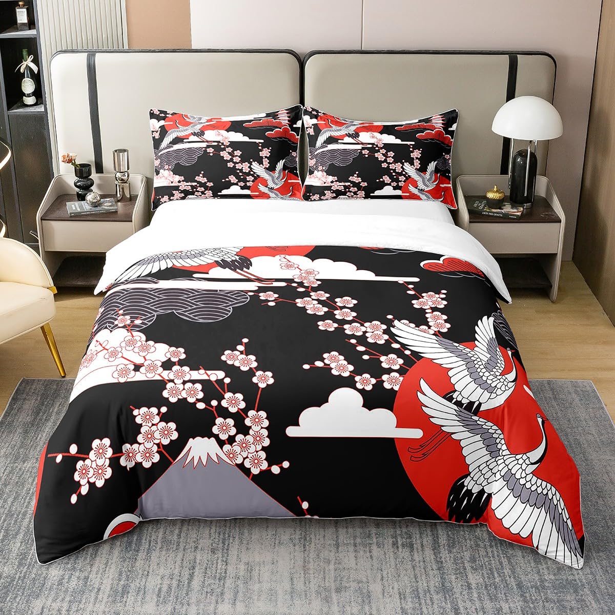 Kranich 100% Baumwolle Bettbezug 220x240 Japanischer Bettwäsche Set Kirschblüten Muster Frauen Mädchen Tröster Abdeckung Japanische Traditionelle Muster Dekor Tröster Set mit Reißverschluss Krawatten