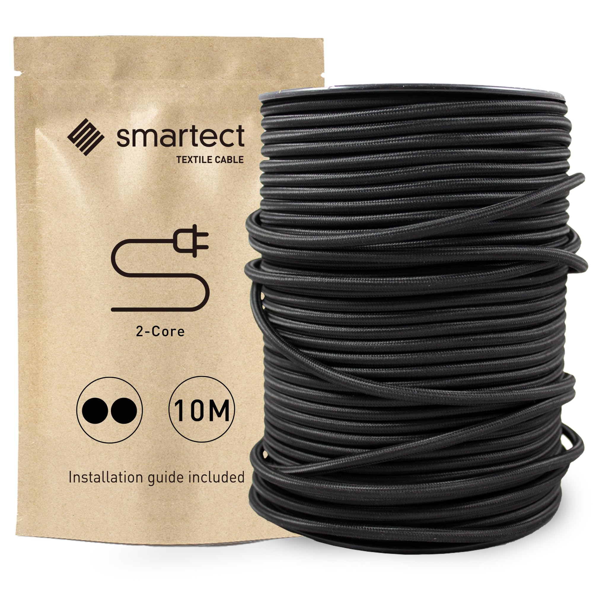 smartect Braided Cable, Black, 10 Metres 2 Core Electrical Cable (2 x 0.75mm²) Vintage Fabric Electrical Wire for your DIY project