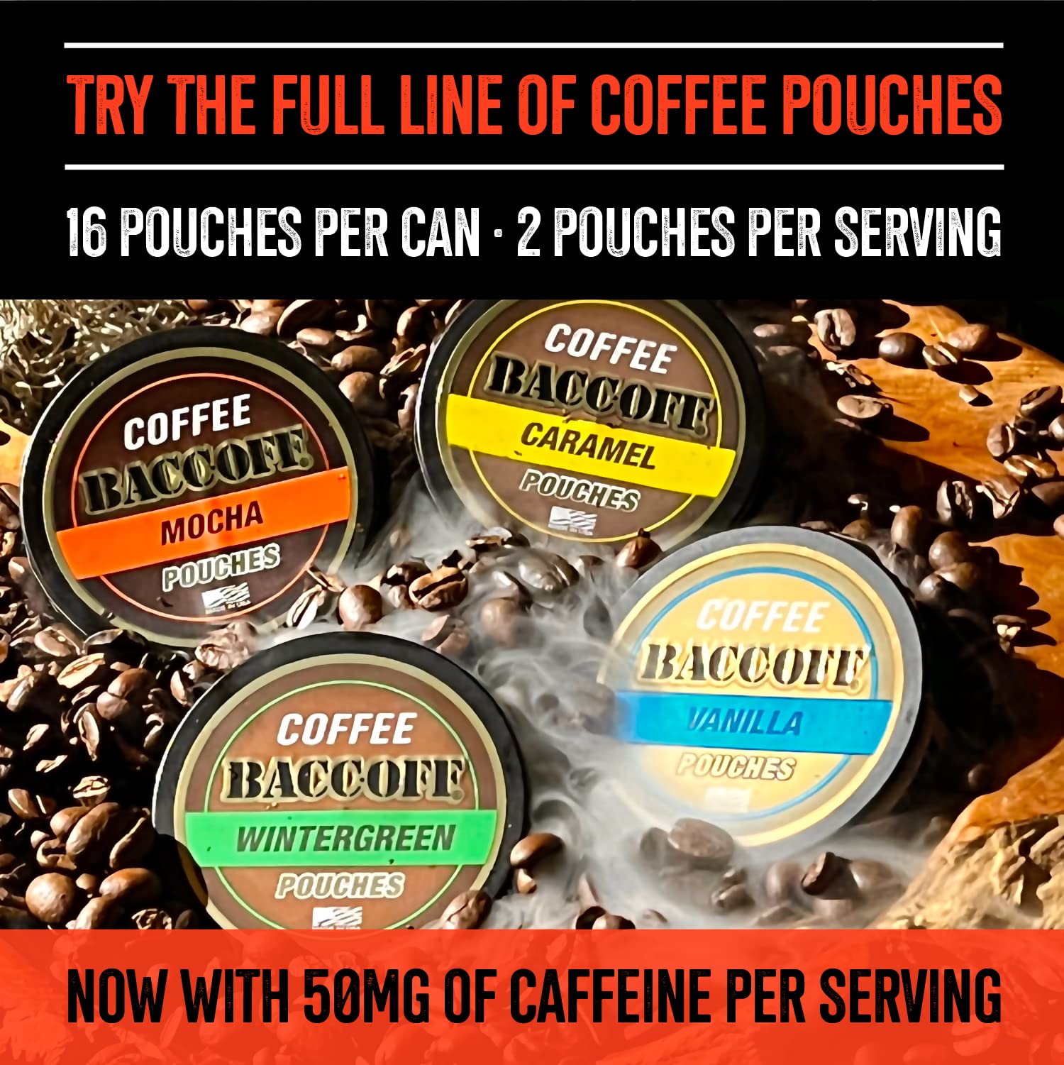Amazon.com : 10 Cans, BaccOff Premium Flavored Mocha Coffee Pouches with 50  MG of Caffeine Per Serving, No Tobacco Dip, No Nicotine Smokeless  Alternative Snuff : Health & Household