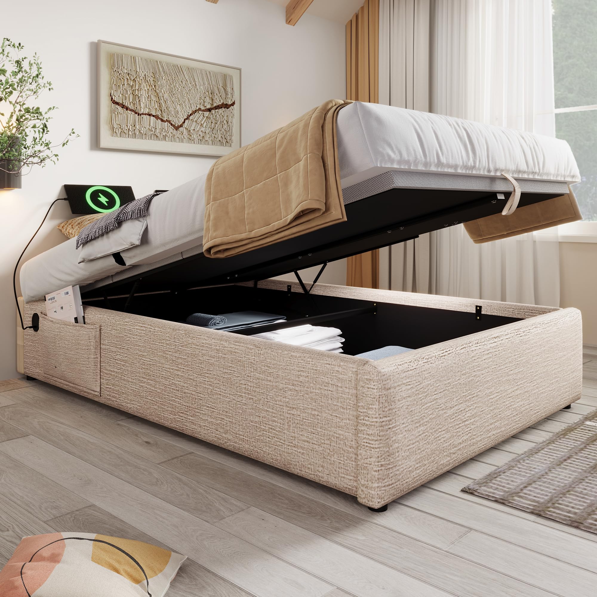 Letto imbottito 90x190 con supporto pieno in legno massiccio letto singolo senza testiera con vano idraulico letto contenitore in lino metallo e legno per camera