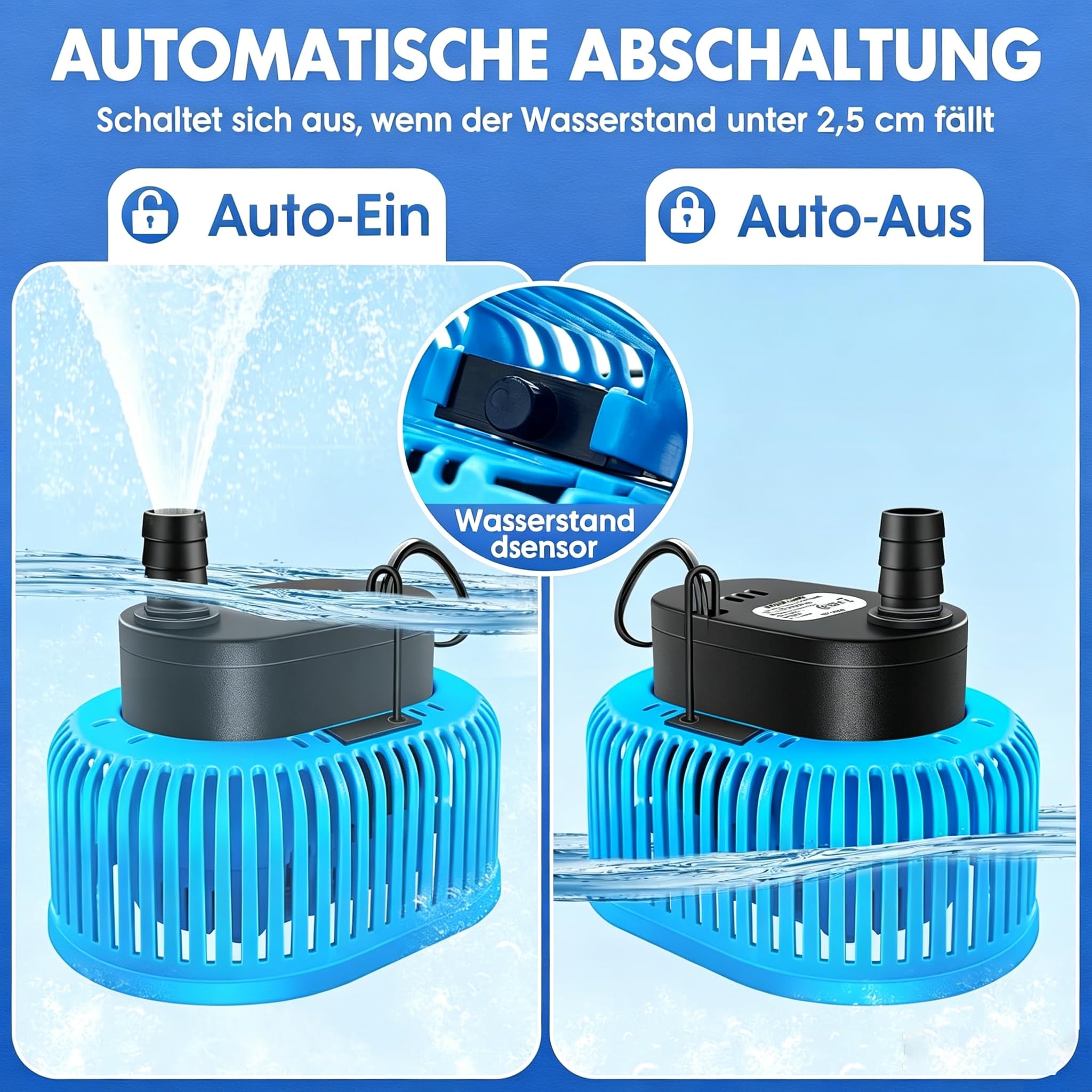 Pompe submersible, pompe submersible eau sale pompe à eau de pluie 75 W, capteur de niveau d'eau automatique, drainage pour piscine hors sol, 4 adaptateurs, tuyau de 4,9 m, câble de 7,6 m, max 3218 l