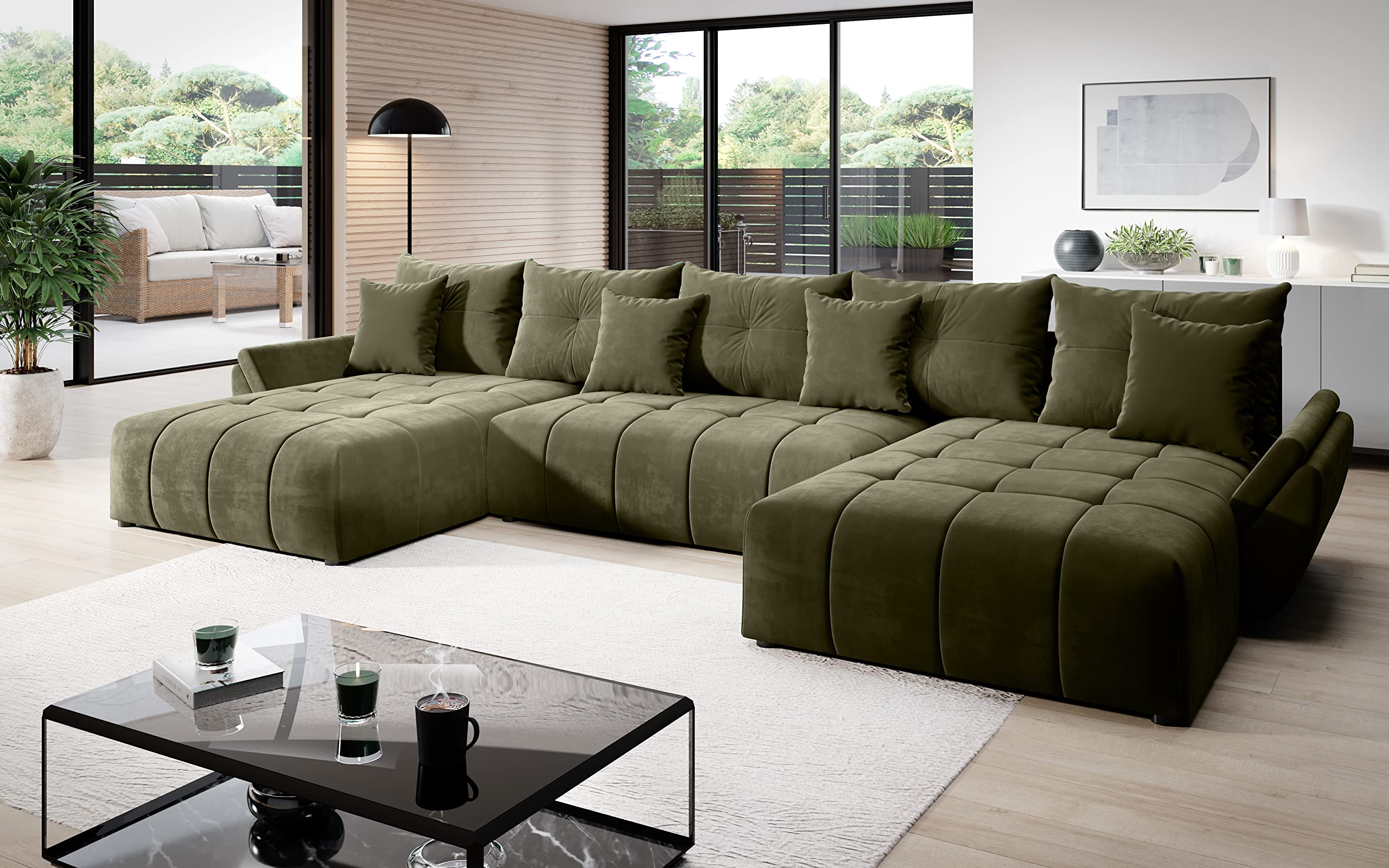Sofa rozkładana w kształcie litery U Velvet Monolith 382 x 190 cm, wysuwana sofa z sofą Sto i Cushs, wszechstronna kanapa w kolorze M-38, idealna dla małych dzieci