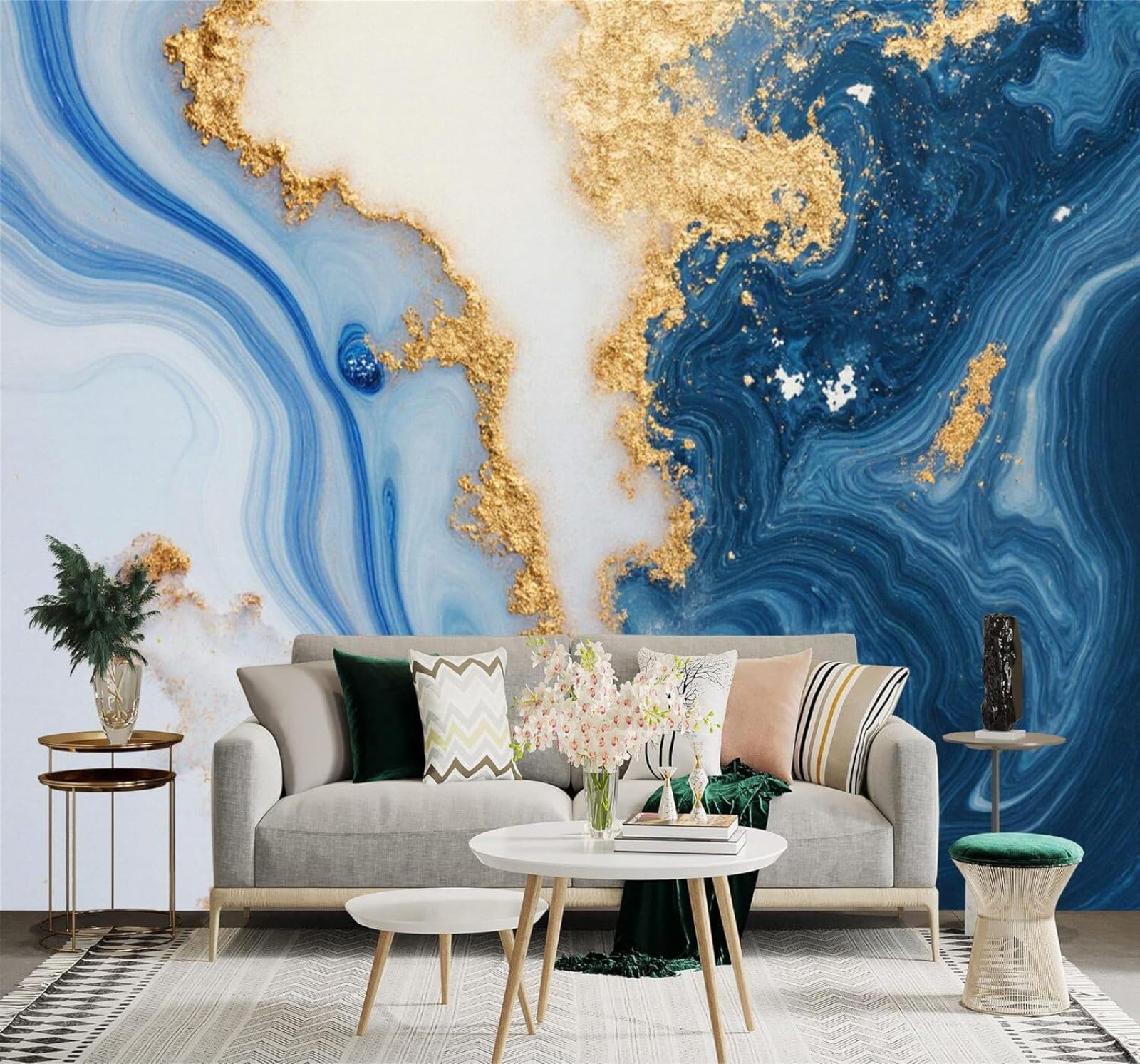 Xlming 200Cm×140Cm(B×H) Abstract Blue And Gold Marble Texture Liquid Art Luxury 3D Wallpaper Silky Texture Home Study Office Grey Dining Room Sofa Bedroom Living Room Tv Backdrop-200Cm×140Cm
