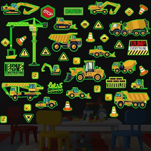 Calcomanías de pared de construcción que brillan en la oscuridad, 39 calcomanías luminosas de pared de dibujos animados, calcomanías autoadhesivas