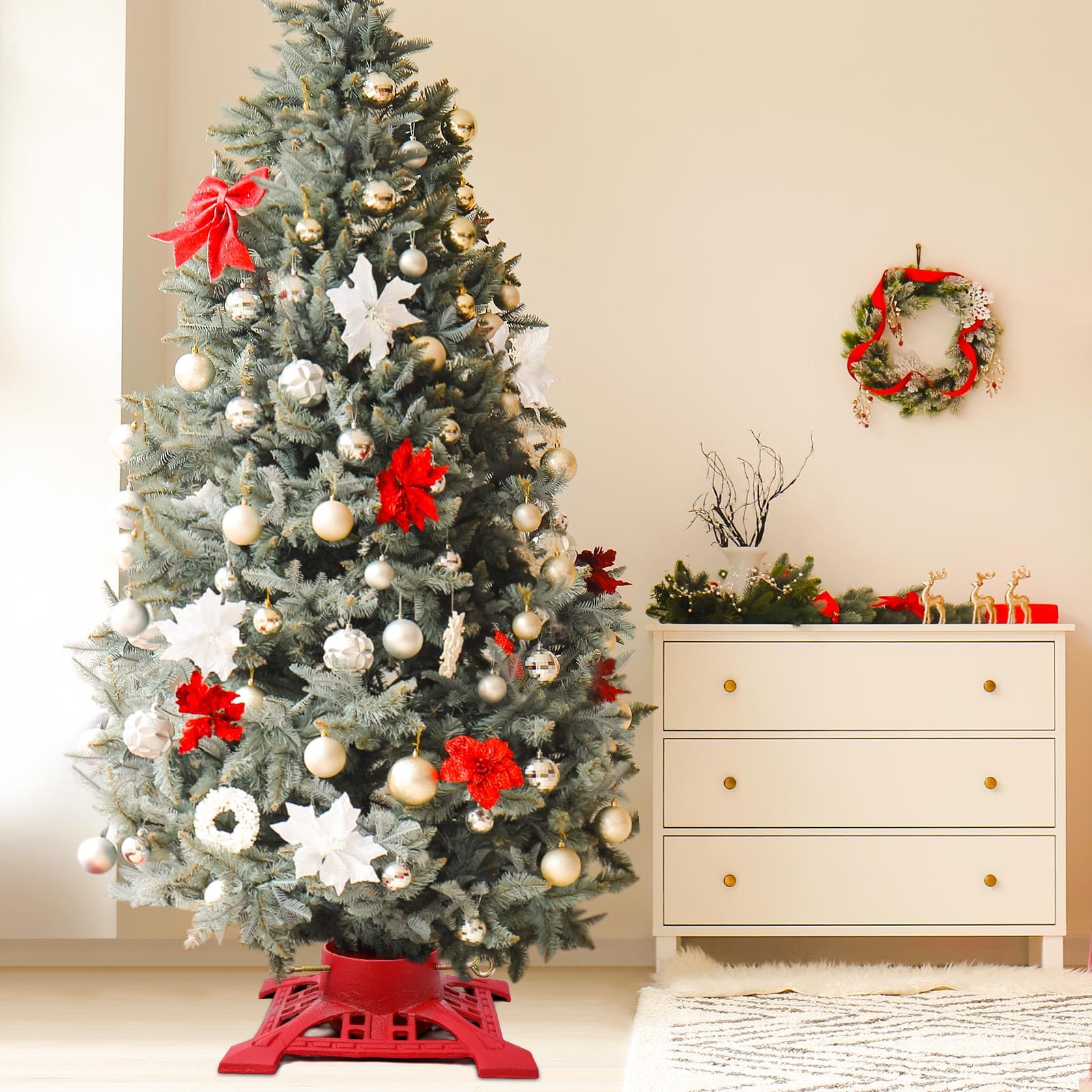 Huwena Support de sapin de Noël avec réservoir d'eau de 2,4 m, support de sapin de Noël artificiel véritable pour sapin de Noël jusqu'à 12,7 cm, base en fonte pour décoration rustique de Noël (rouge