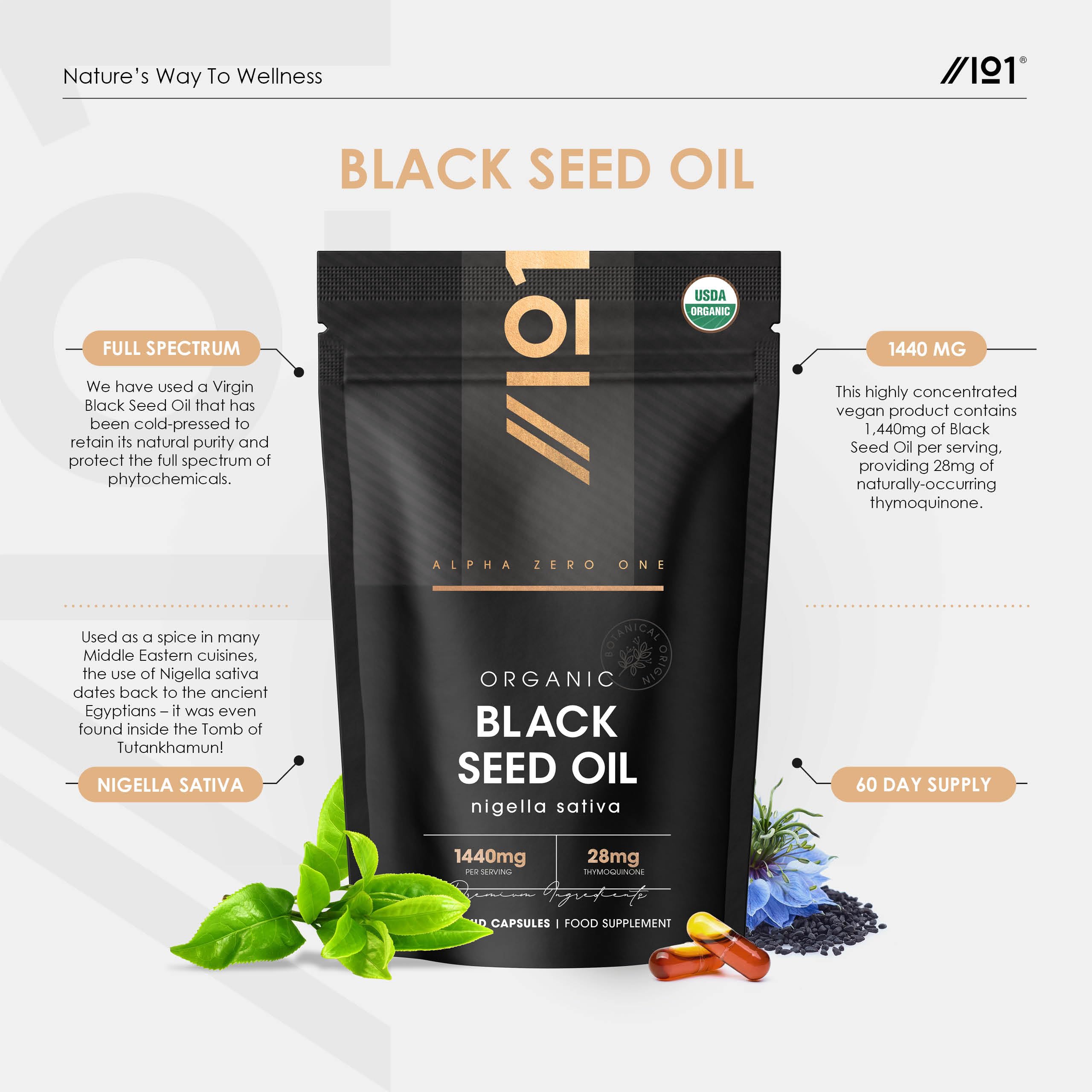 ALPHA01 Organic Black Seed Oil Capsules 1440mg – 4X% Thymoquenine - 120 Count – Ethiopian Nigella Sativa - 100% Cold Pressed & Virgin Cumin Seed Oil — Amazon image 2