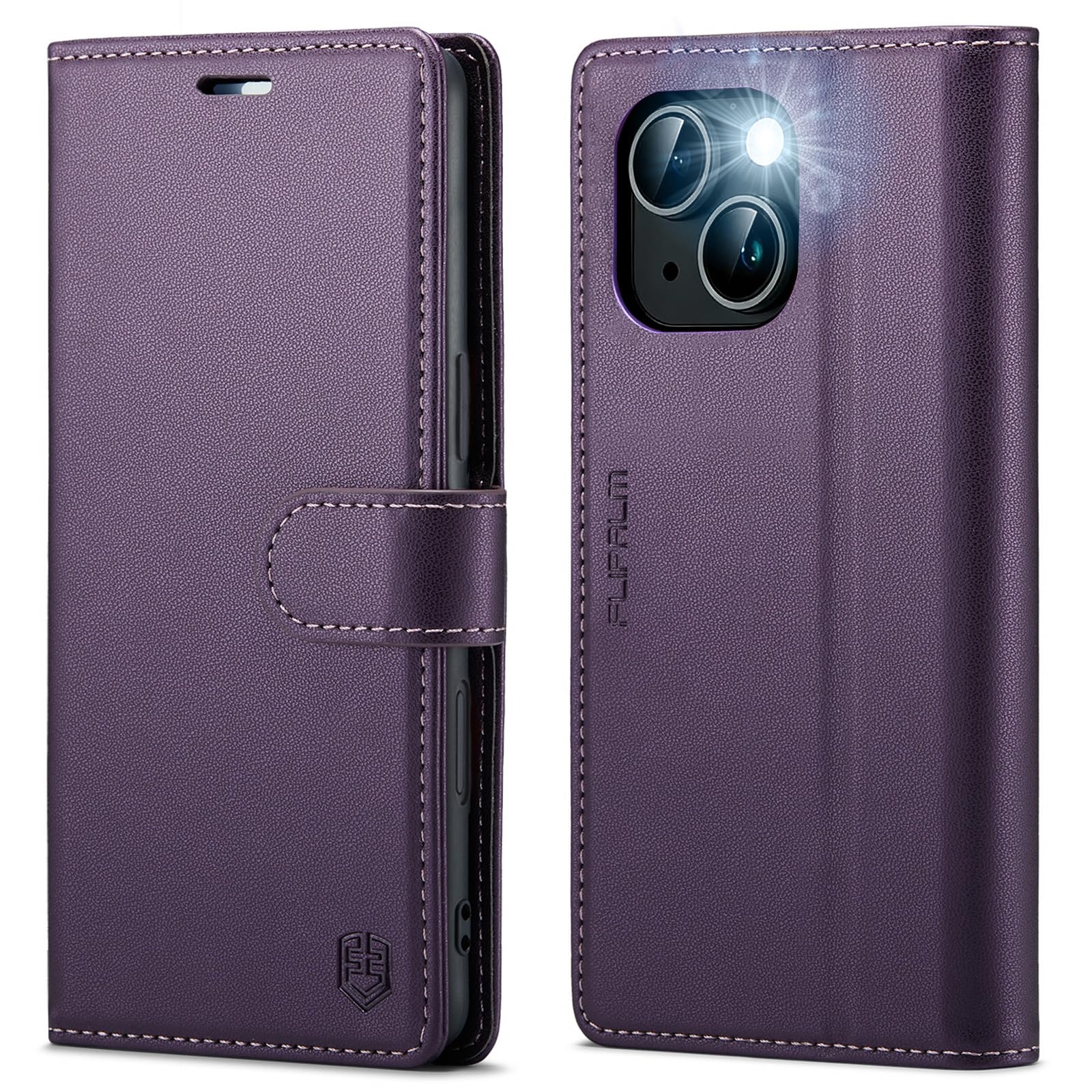 FLIPALM Wallet Case for iPhone 15 Series, RFID Blocking Credit Card Holder, PU Leather Folio Flip Kickstand Protective Shockproof Cover for Apple 15 Series (Purple, iPhone 15 Plus - 6.7")