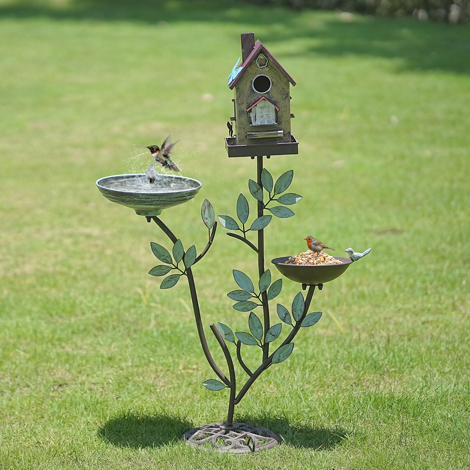 HLQMFHT Vogeltränke aus Gusseisen für den Außenbereich, 3-in-1-Vogeltränke aus Metall, mit Vogelhäusern und Vogelfutterspender, Garten-Hof-Dekoration, 96,5 cm H
