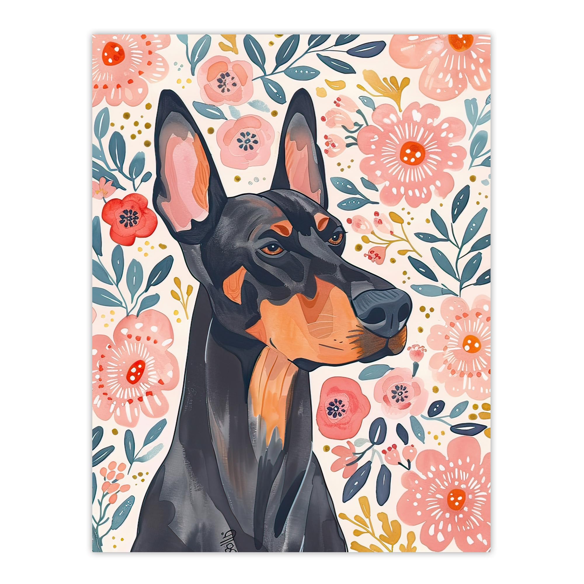 Artery8 Dog Lover Doberman Portrait Pink Floral Folk Art Living Room Large Wall Art Poster Print Thick Paper 18X24 Inch