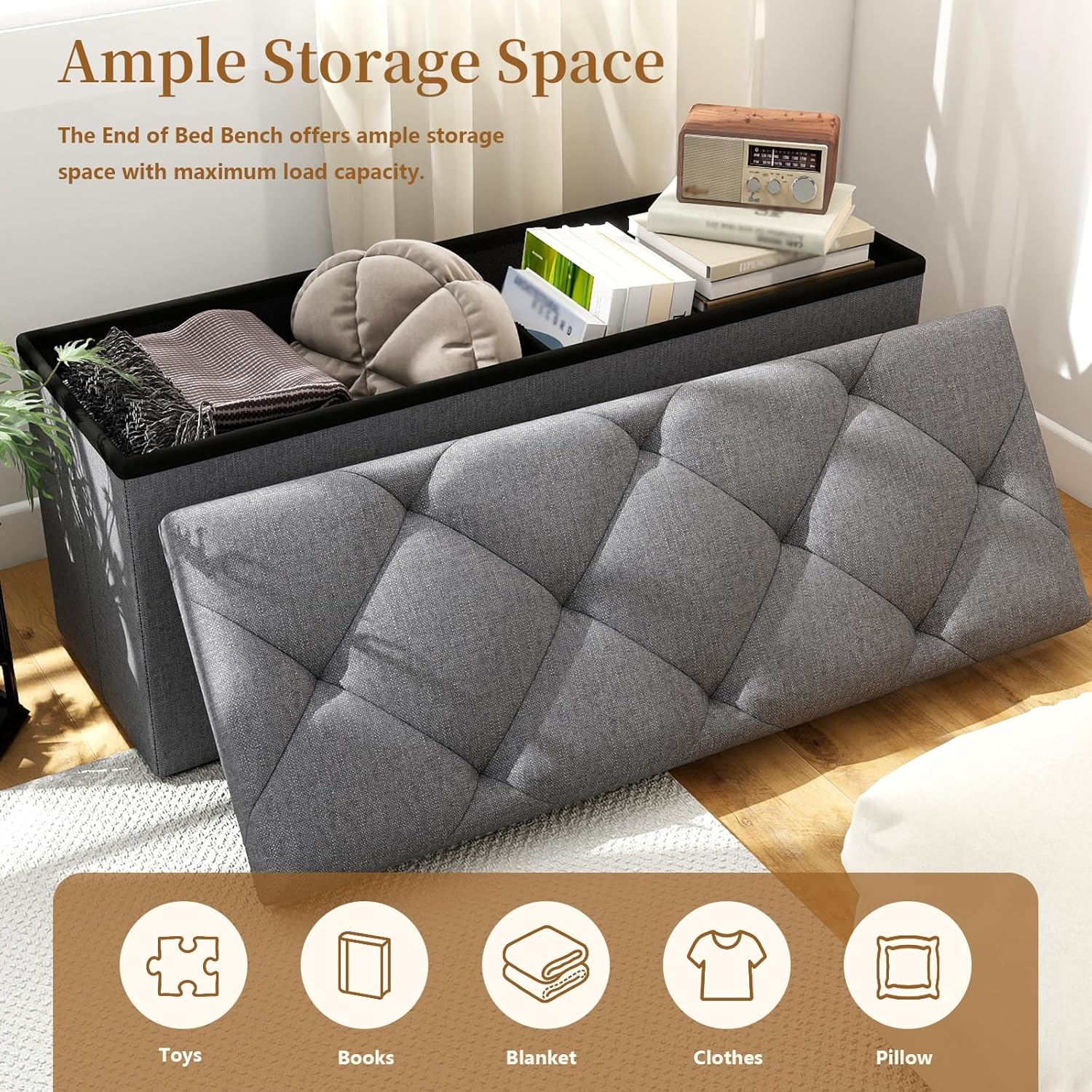 Folding Ottoman with Storage Bench,Storage Ottoman Bench,30 Inches Ottoman Foot Rest,End of Bed Bench,Support 660LBS Foot Rest Stool for Living Room,Bedroom,Home Office,Dark Gray(30Wx15Dx15H - Image 8