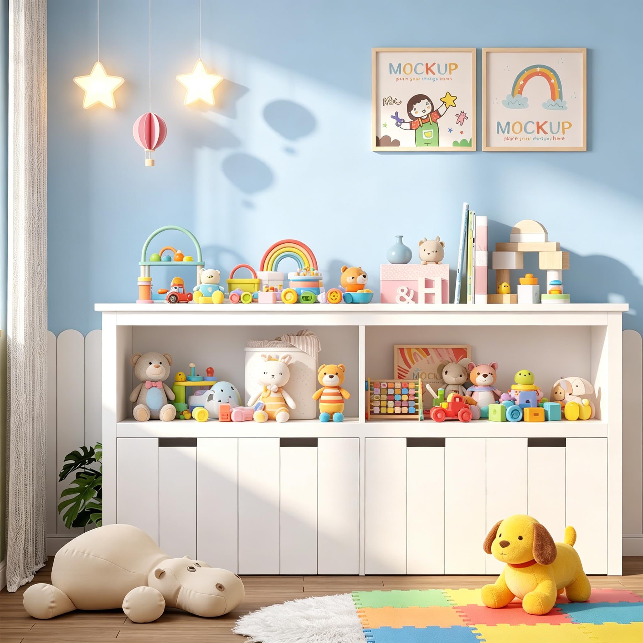 Panana Kids Toy Storage Organizer with 4 Mobile Drawers,2 Open Shelves,White Wooden Childrens Bookcase for Playroom,Bedroom,Nursery,Living Room,L120*D33.3*H62cm